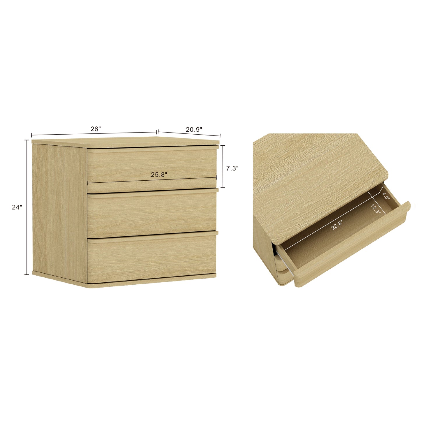 Molly Modern 26" Nightstand in Natural Oak (3-Drawer) - Set of 2 2-NS008-NO