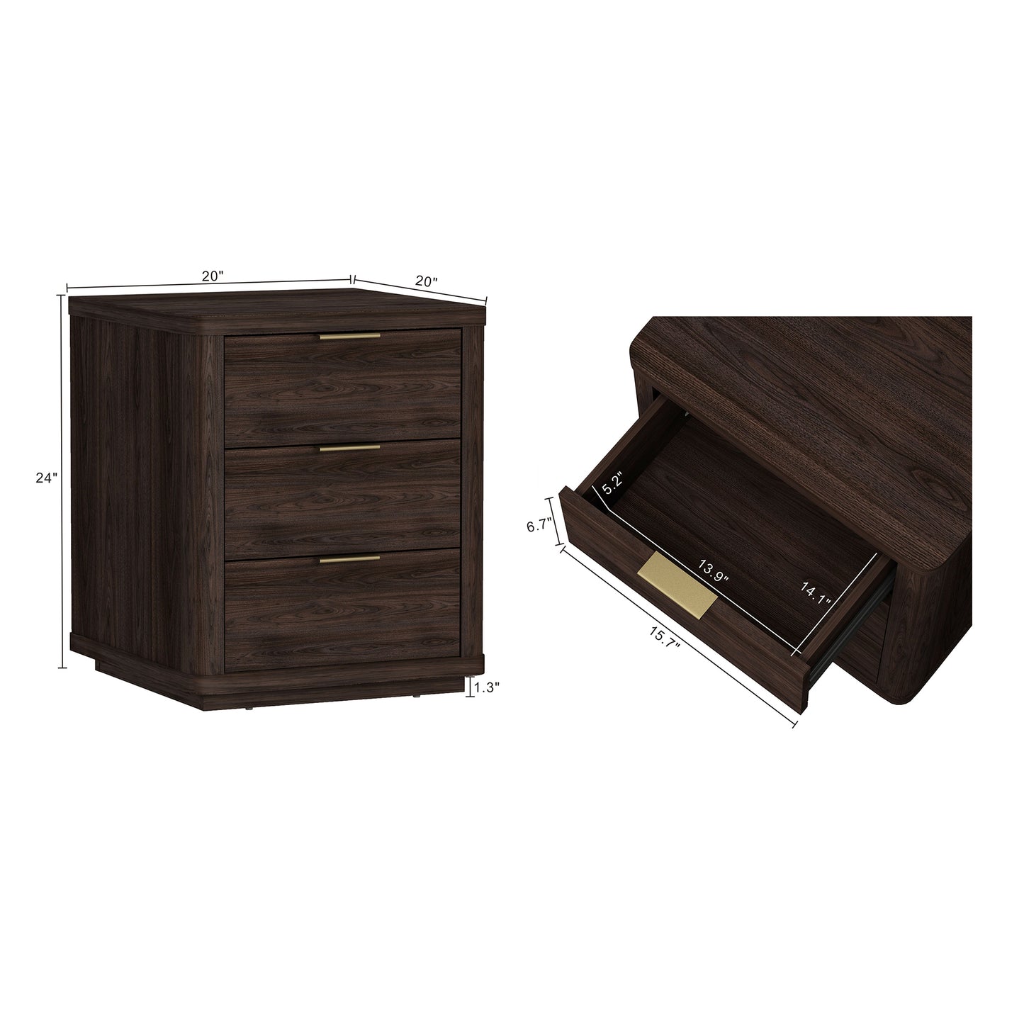 Evelyn Modern 20" Nightstand in Brown (3-Drawer) - Set of 2 2-NS013-BR