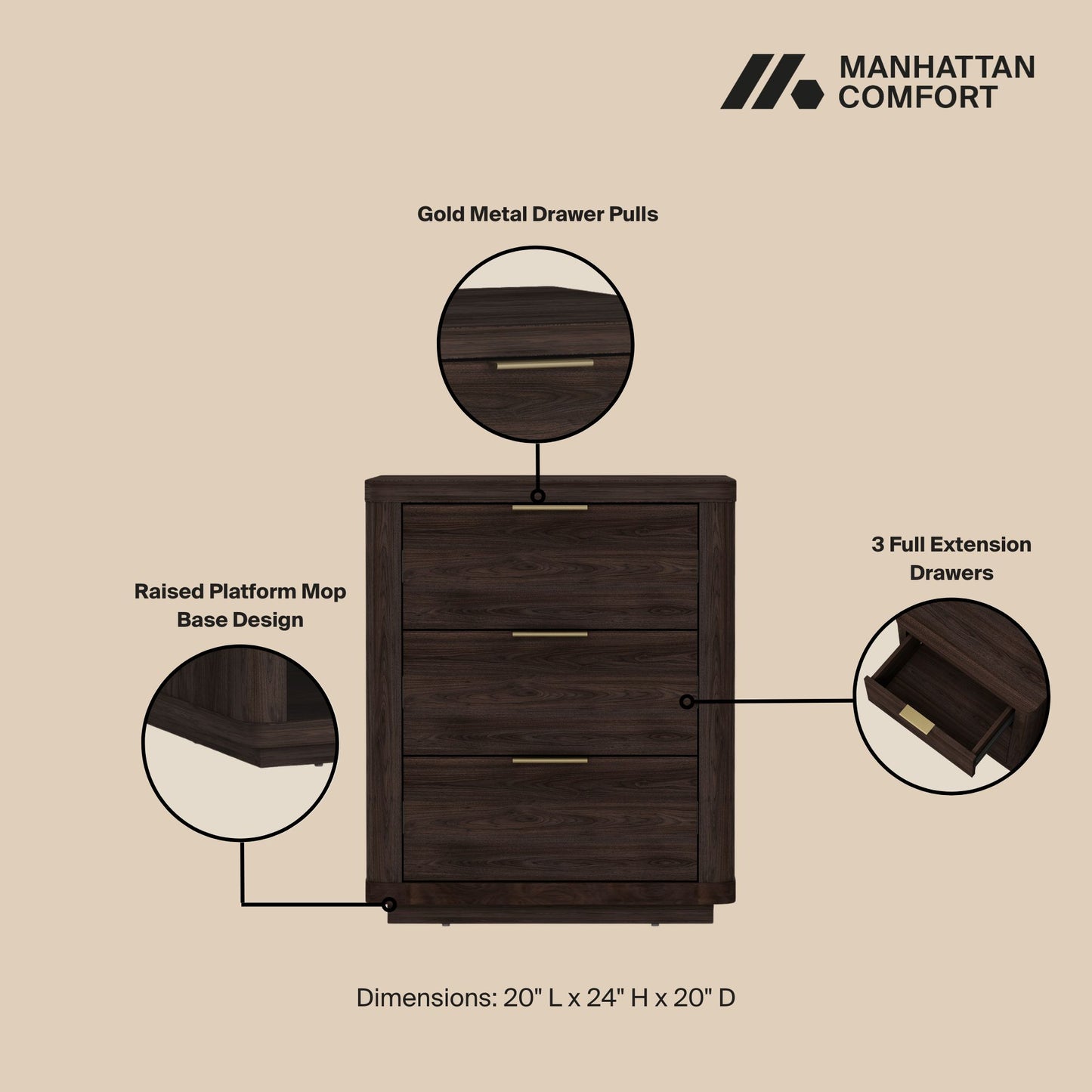 Evelyn Modern 20" Nightstand in Brown (3-Drawer) - Set of 2 2-NS013-BR