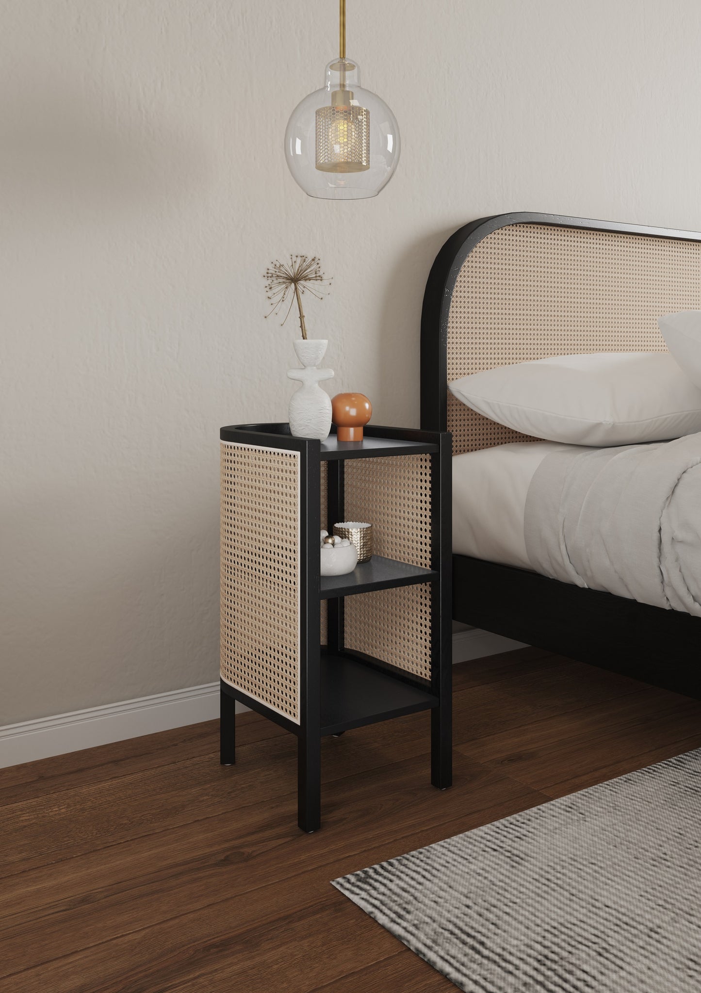Manhattan Comfort Versailles End Table in Black and Natural Cane - Set of 2 2-NSCA01-BK
