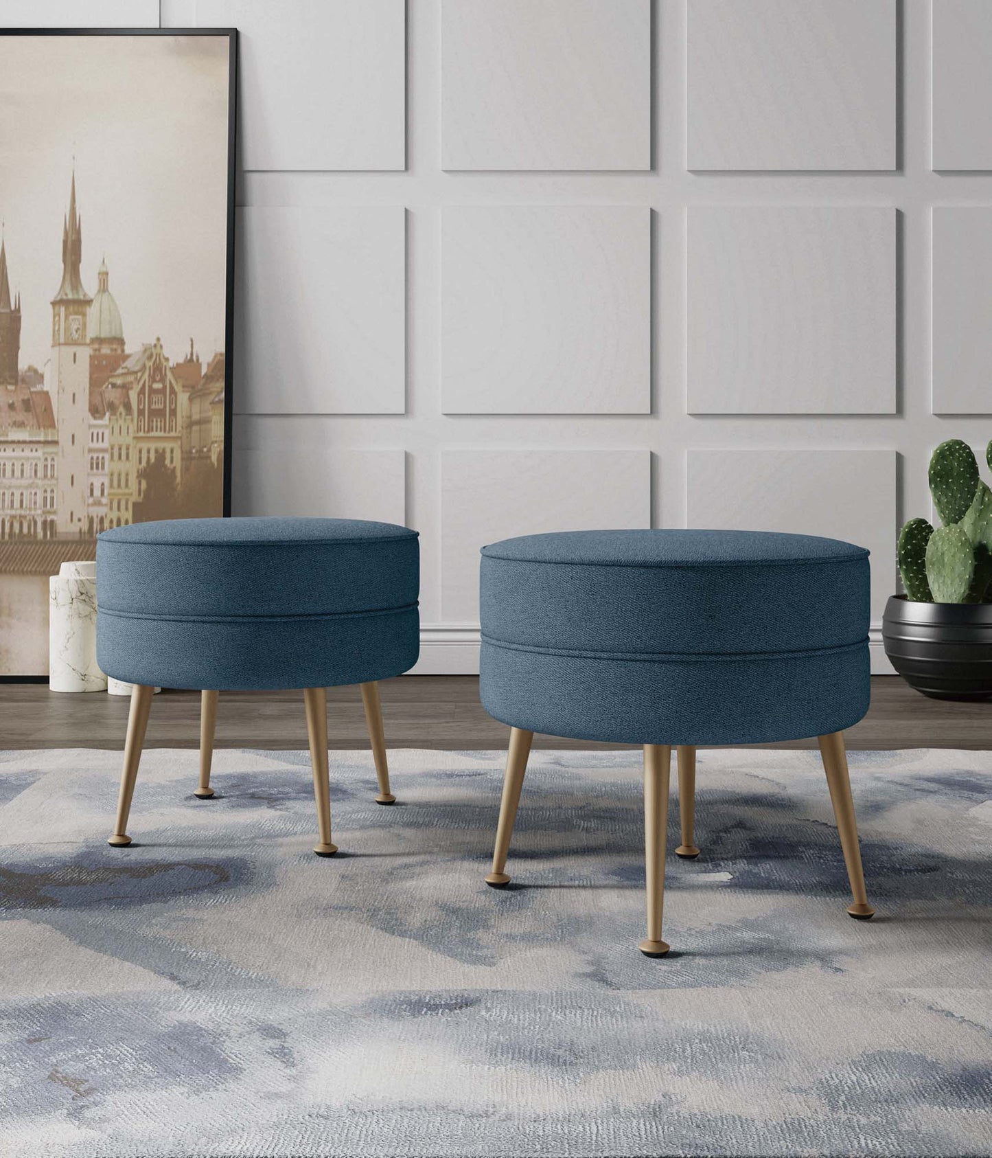 Manhattan Comfort Bailey Mid-Century Modern Woven Polyester Blend Upholstered Ottoman in Blue with Gold Feet - Set of 2 2-OT003-BL
