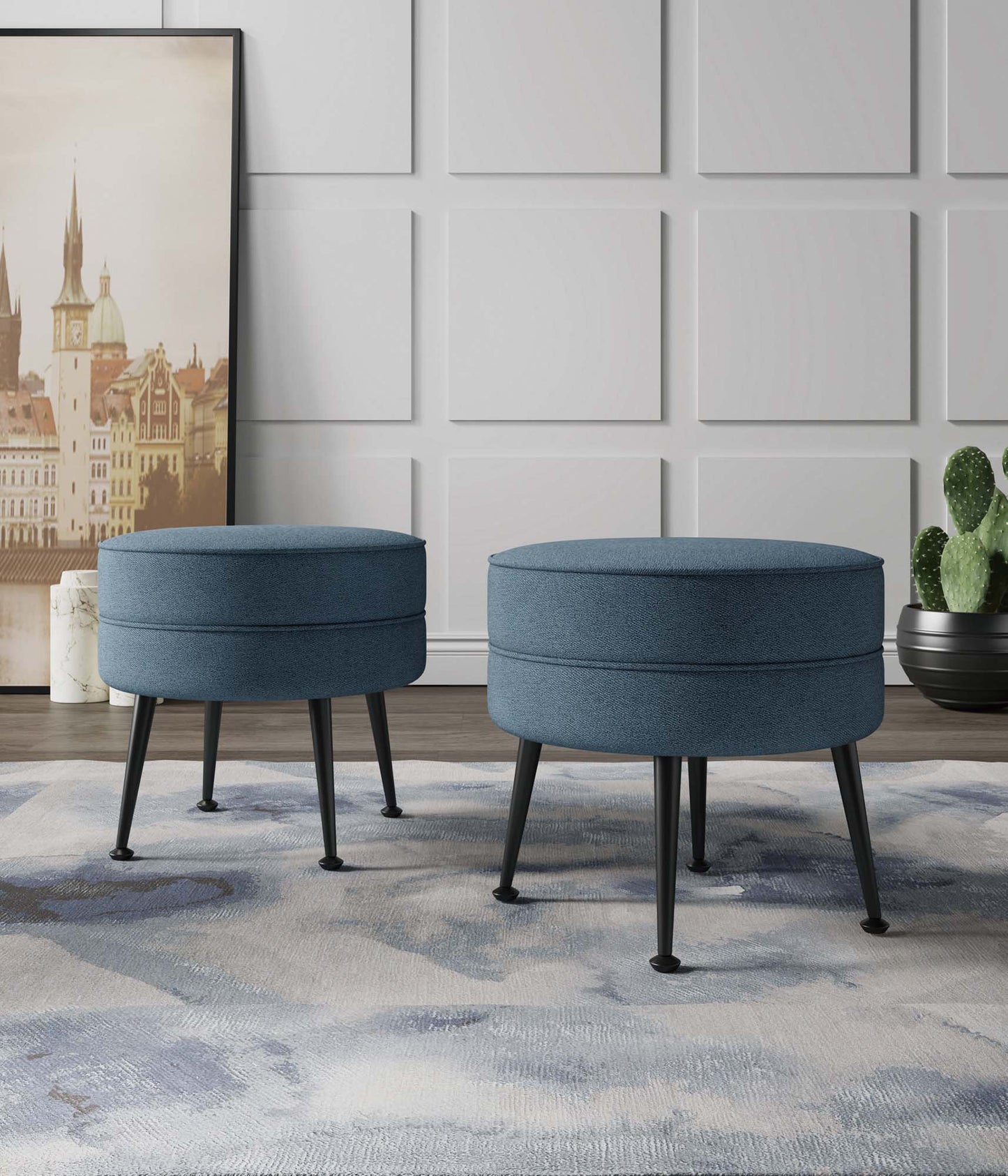 Manhattan Comfort Bailey Mid-Century Modern Woven Polyester Blend Upholstered Ottoman in Blue with Black Feet - Set of 2 2-OT003-BLB
