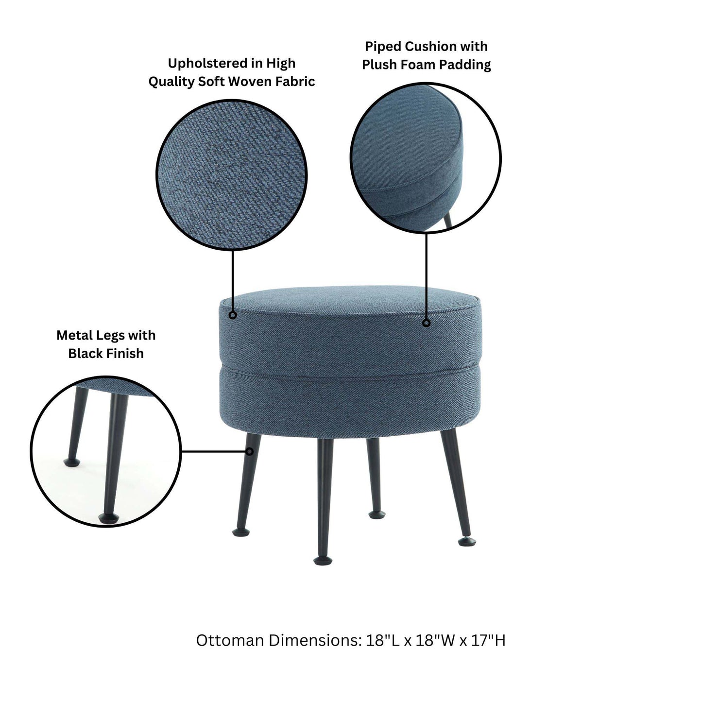 Manhattan Comfort Bailey Mid-Century Modern Woven Polyester Blend Upholstered Ottoman in Blue with Black Feet - Set of 2 2-OT003-BLB