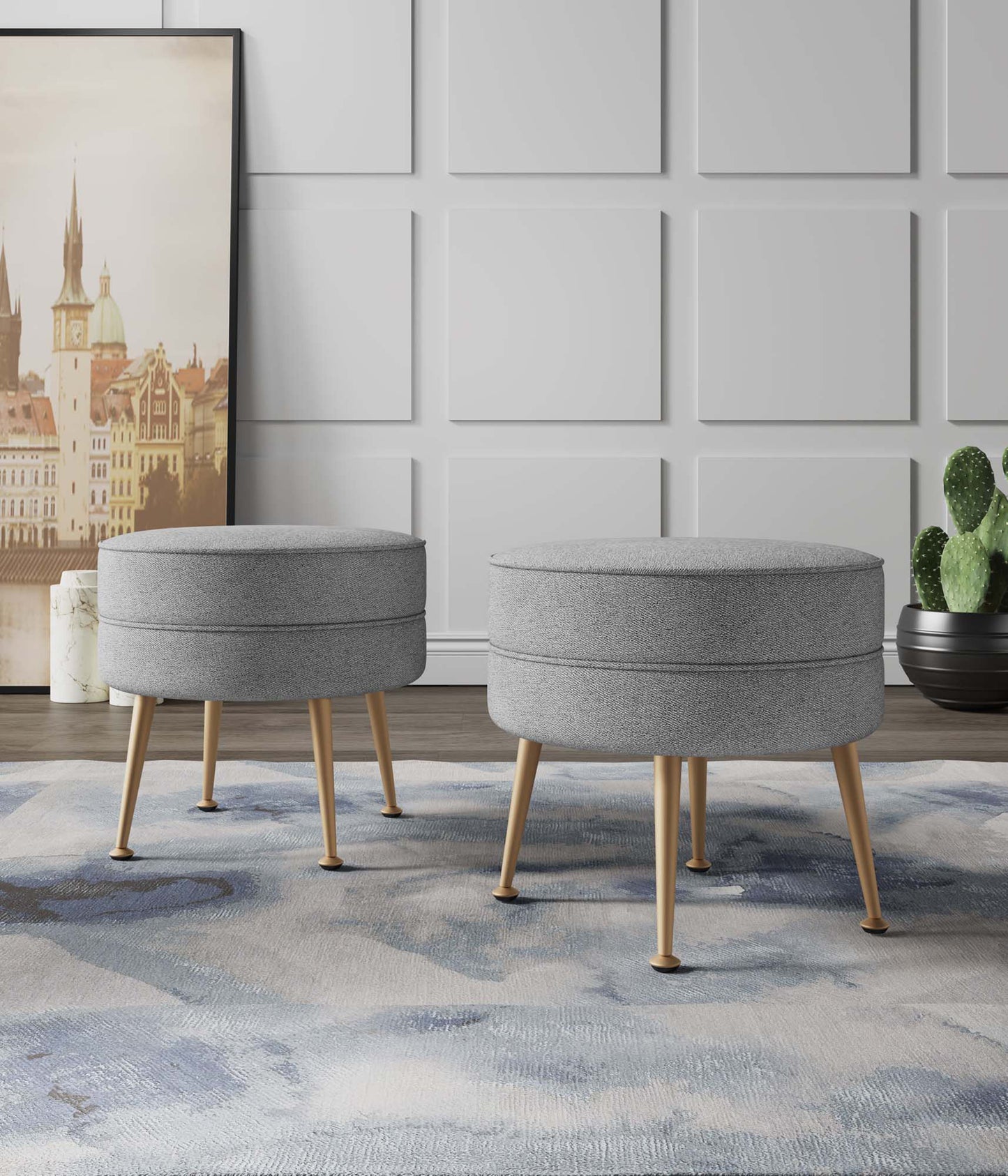 Manhattan Comfort Bailey Mid-Century Modern Woven Polyester Blend Upholstered Ottoman in Grey with Gold Feet - Set of 2 2-OT003-GY