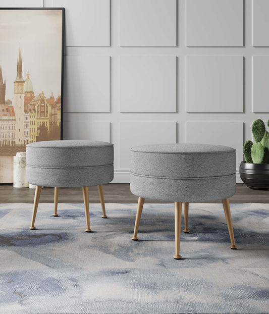 Manhattan Comfort Bailey Mid-Century Modern Woven Polyester Blend Upholstered Ottoman in Grey with Gold Feet - Set of 2 2-OT003-GY