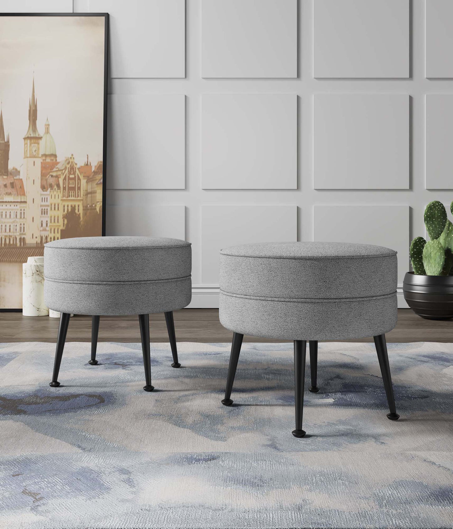 Manhattan Comfort Bailey Mid-Century Modern Woven Polyester Blend Upholstered Ottoman in Grey with Black Feet - Set of 2 2-OT003-GYB