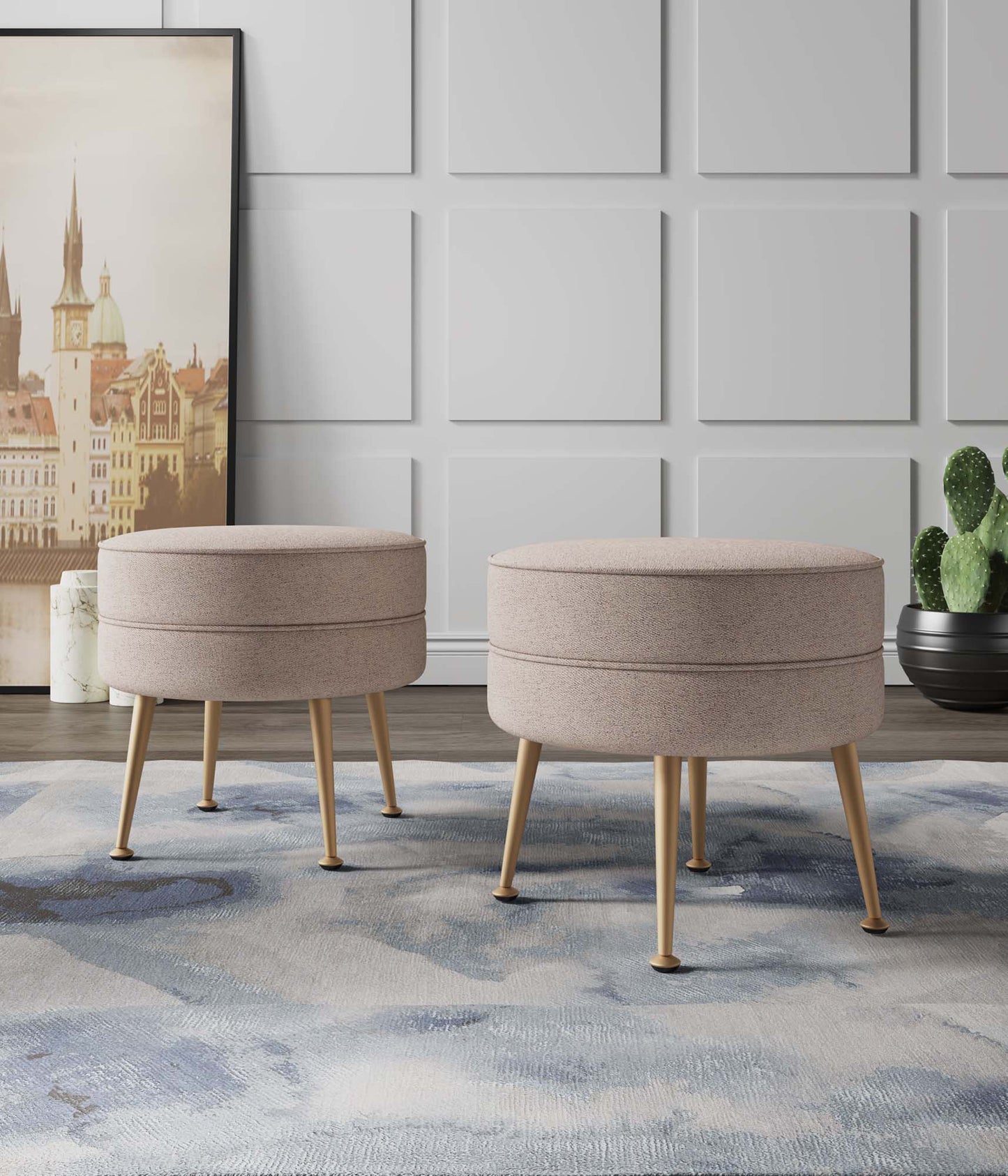 Bailey Mid-Century Modern Upholstered Accent Ottoman in Wheat - Set of 2 2-OT003-OT