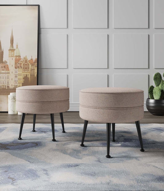 Manhattan Comfort Bailey Mid-Century Modern Woven Polyester Blend Upholstered Ottoman in Oatmeal with Black Feet - Set of 2 2-OT003-OTB