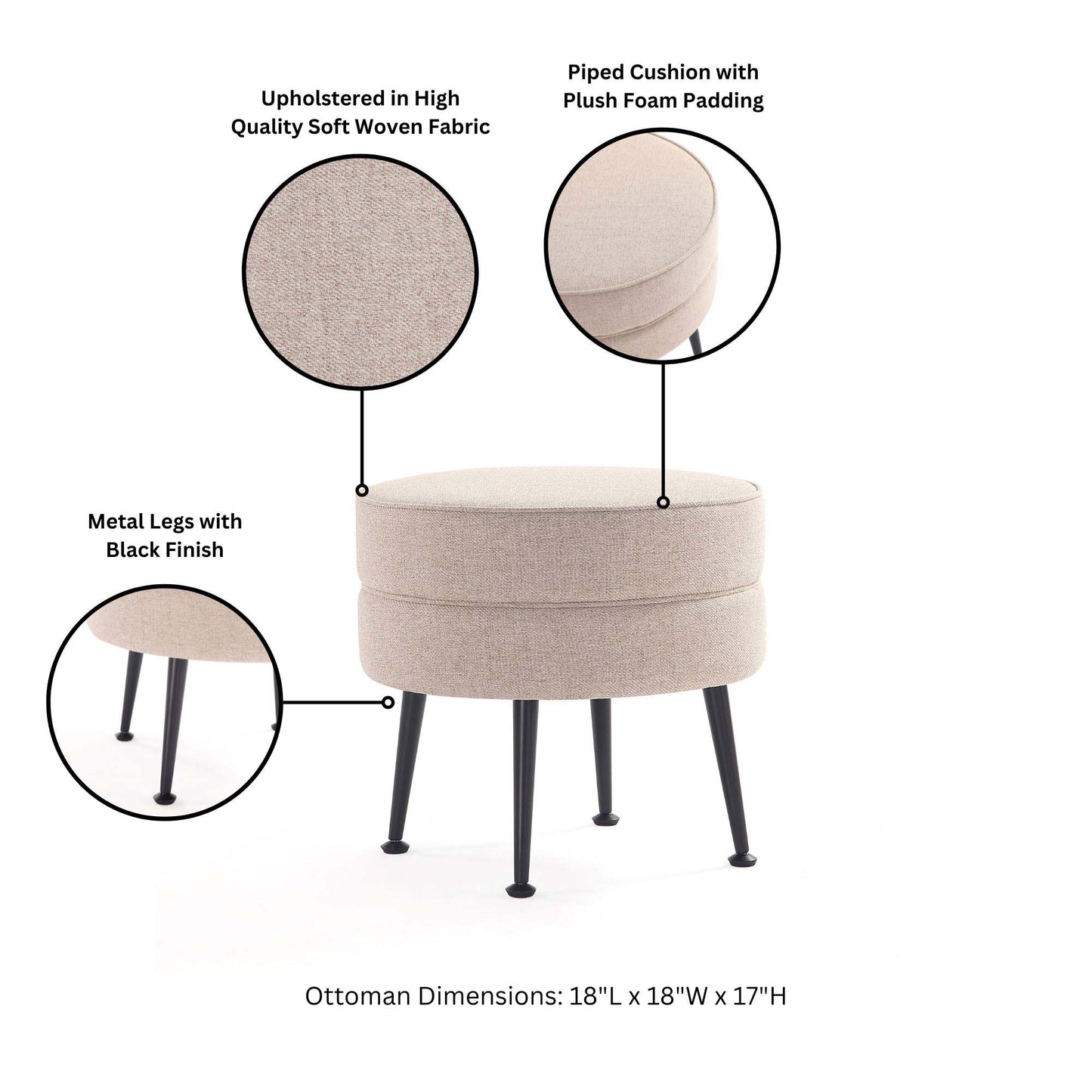 Manhattan Comfort Bailey Mid-Century Modern Woven Polyester Blend Upholstered Ottoman in Oatmeal with Black Feet - Set of 2 2-OT003-OTB
