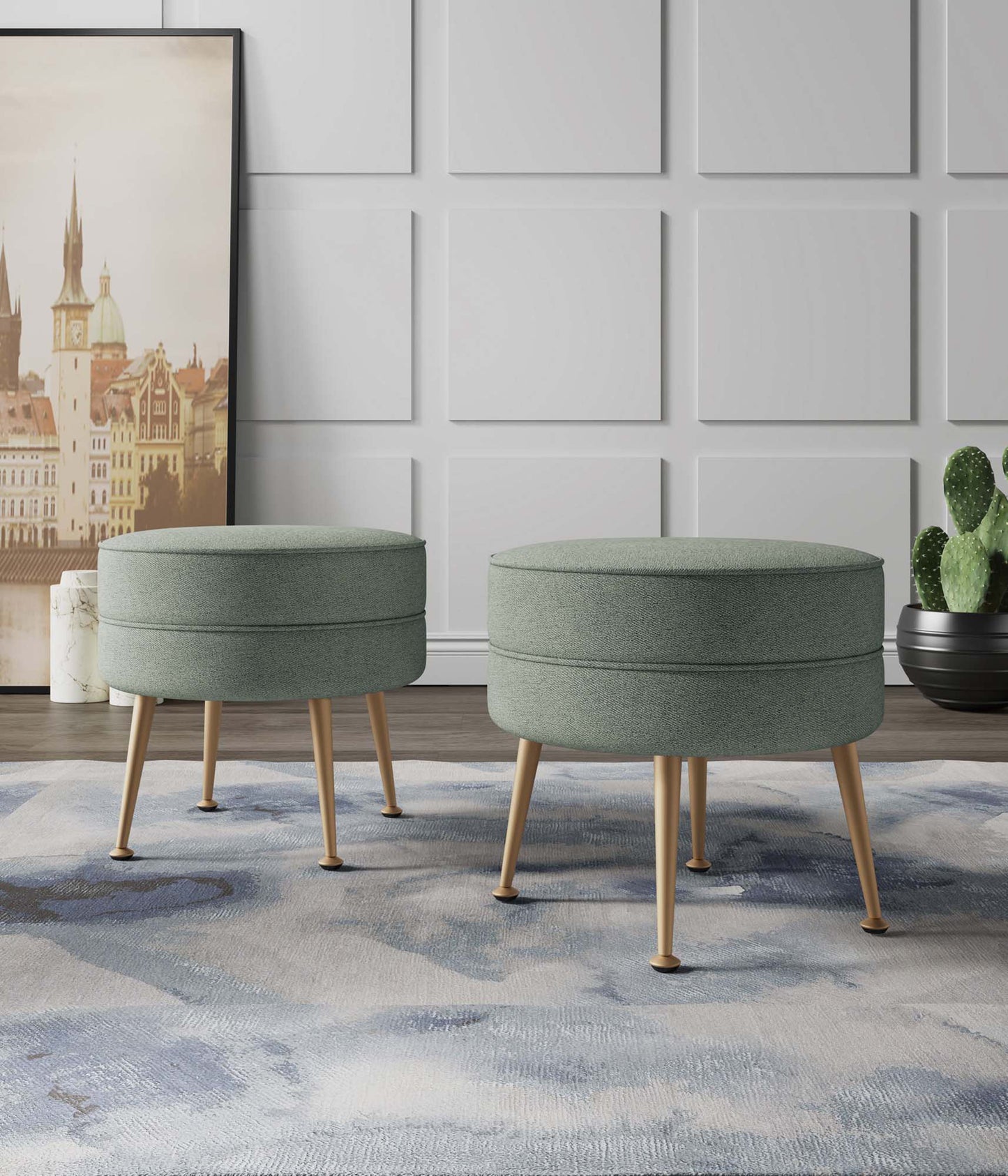 Bailey Mid-Century Modern Upholstered Accent Ottoman in Sage Green - Set of 2 2-OT003-SG