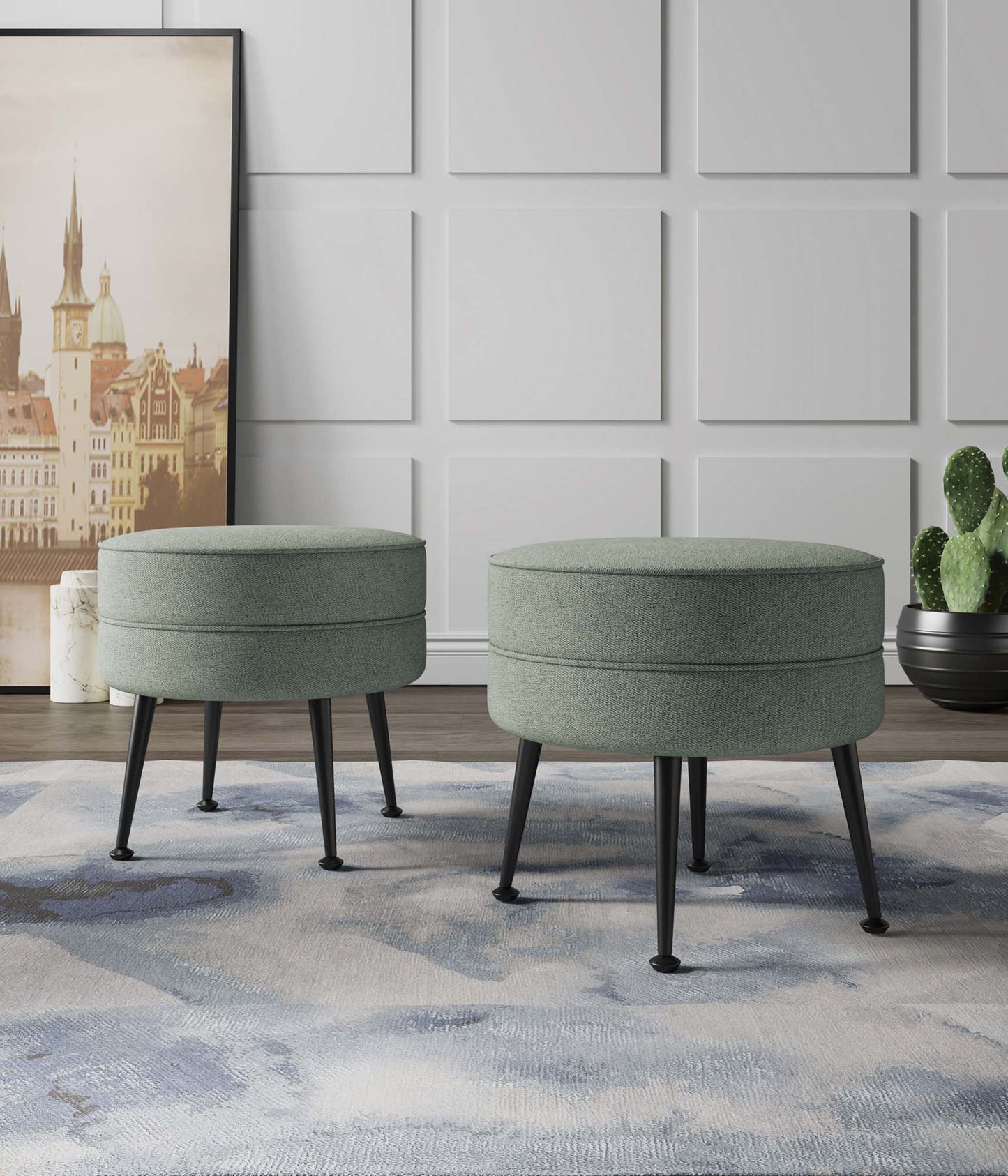 Manhattan Comfort Bailey Mid-Century Modern Woven Polyester Blend Upholstered Ottoman in Sage Green with Black Feet - Set of 2 2-OT003-SGB