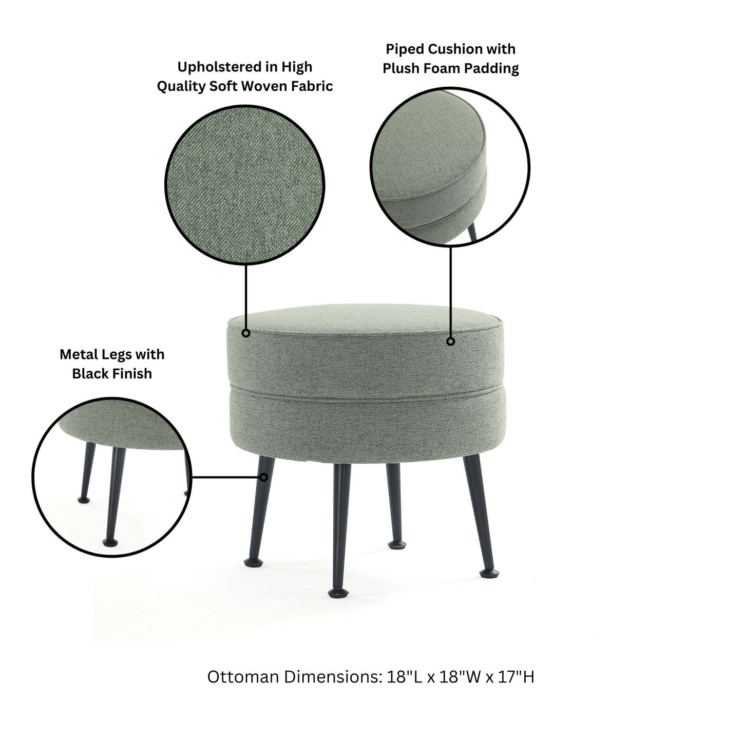 Manhattan Comfort Bailey Mid-Century Modern Woven Polyester Blend Upholstered Ottoman in Sage Green with Black Feet - Set of 2 2-OT003-SGB