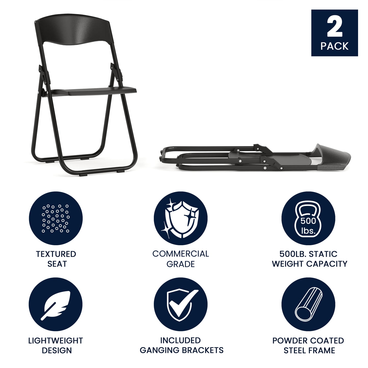 2 Pack HERCULES Series 500 lb. Capacity Heavy Duty Black Plastic Folding Chair with Built-in Ganging Brackets Black 2-RUT-I-BLACK-GG