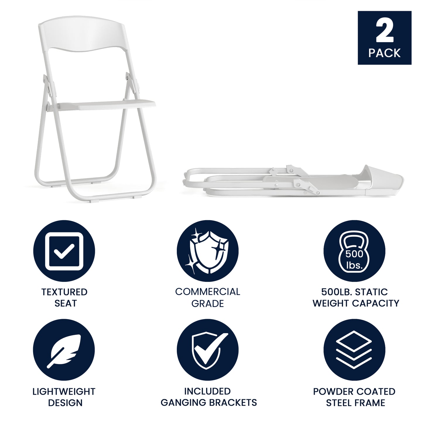 2 Pack HERCULES Series 500 lb. Capacity Heavy Duty White Plastic Folding Chair with Built-in Ganging Brackets White 2-RUT-I-WHITE-GG