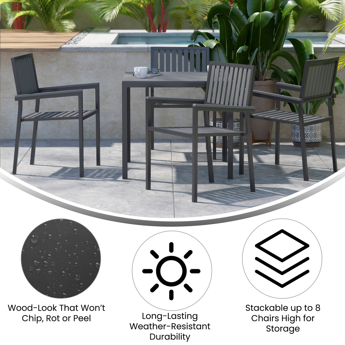Harris Set of 2 Commercial Indoor/Outdoor Stacking Club Chairs with Black Poly Resin Slatted Backs and Seats Black
