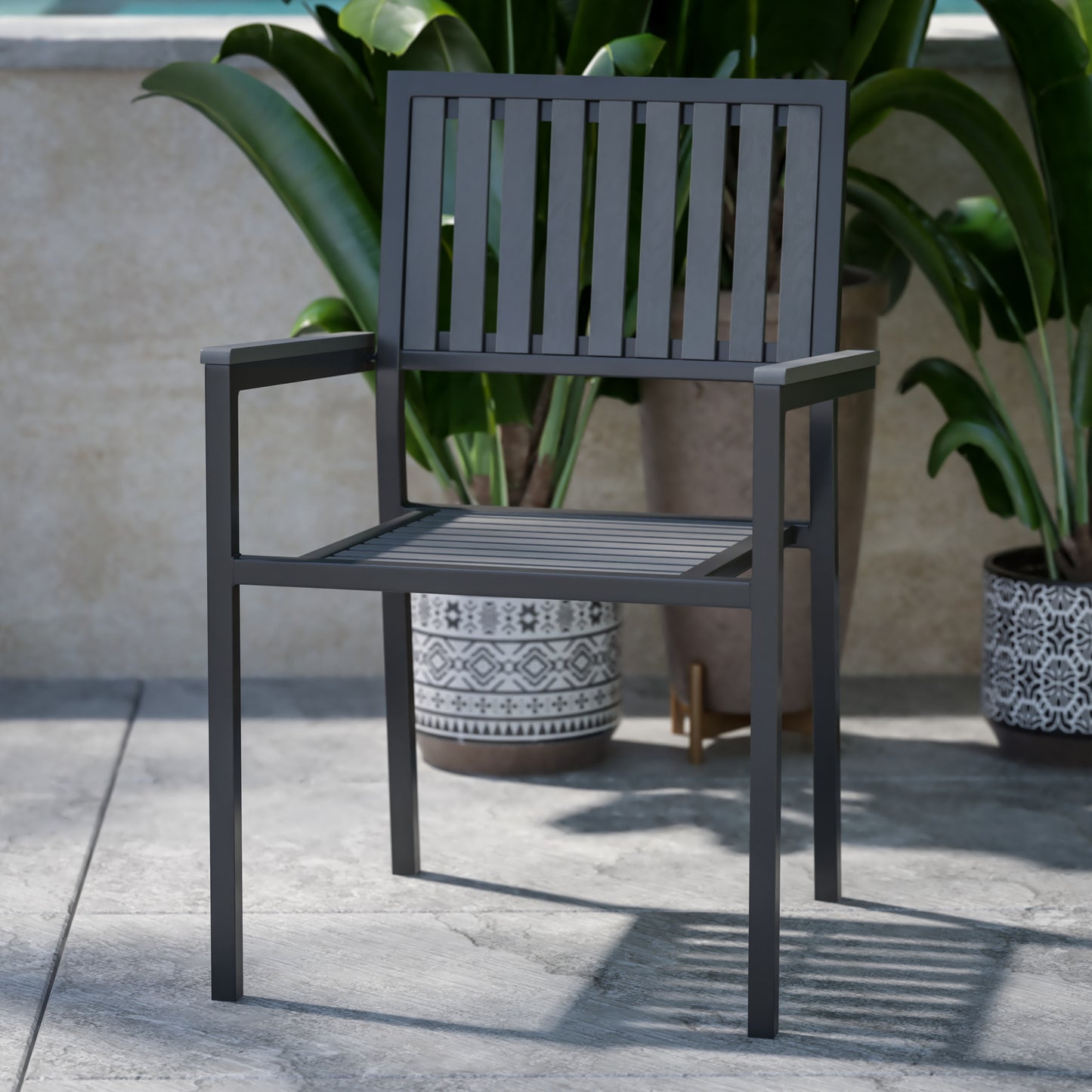 Harris Set of 2 Commercial Indoor/Outdoor Stacking Club Chairs with Black Poly Resin Slatted Backs and Seats Black
