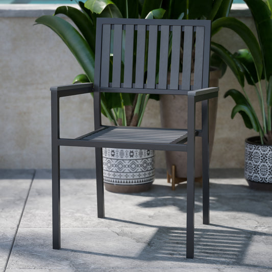 Harris Set of 2 Commercial Indoor/Outdoor Stacking Club Chairs with Black Poly Resin Slatted Backs and Seats Black