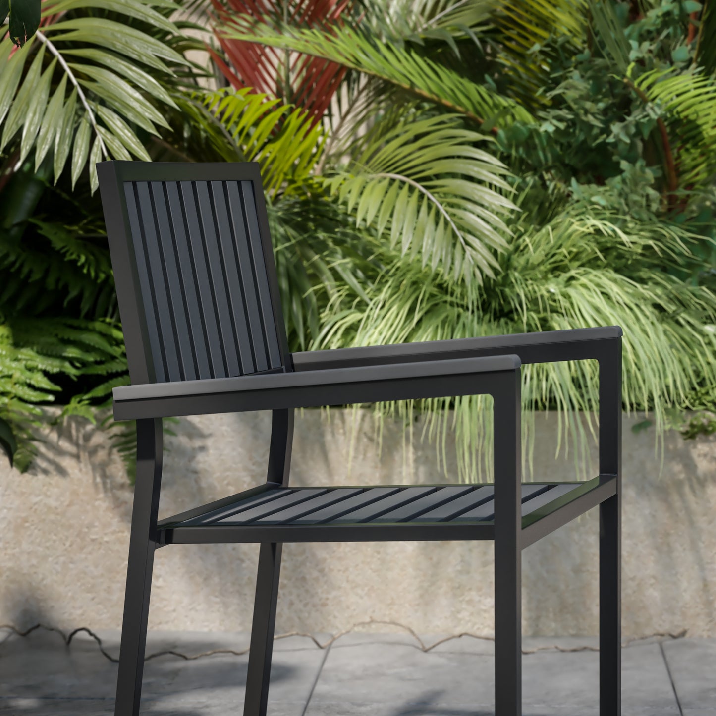 Harris Set of 2 Commercial Indoor/Outdoor Stacking Club Chairs with Black Poly Resin Slatted Backs and Seats Black