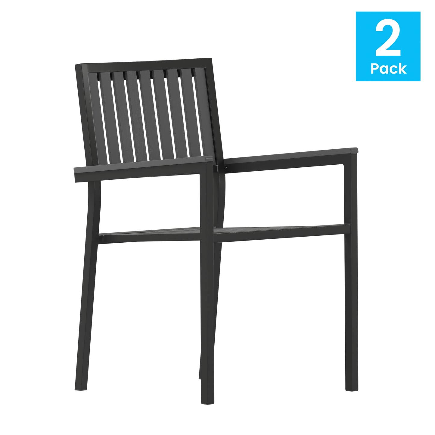 Harris Set of 2 Commercial Indoor/Outdoor Stacking Club Chairs with Black Poly Resin Slatted Backs and Seats Black