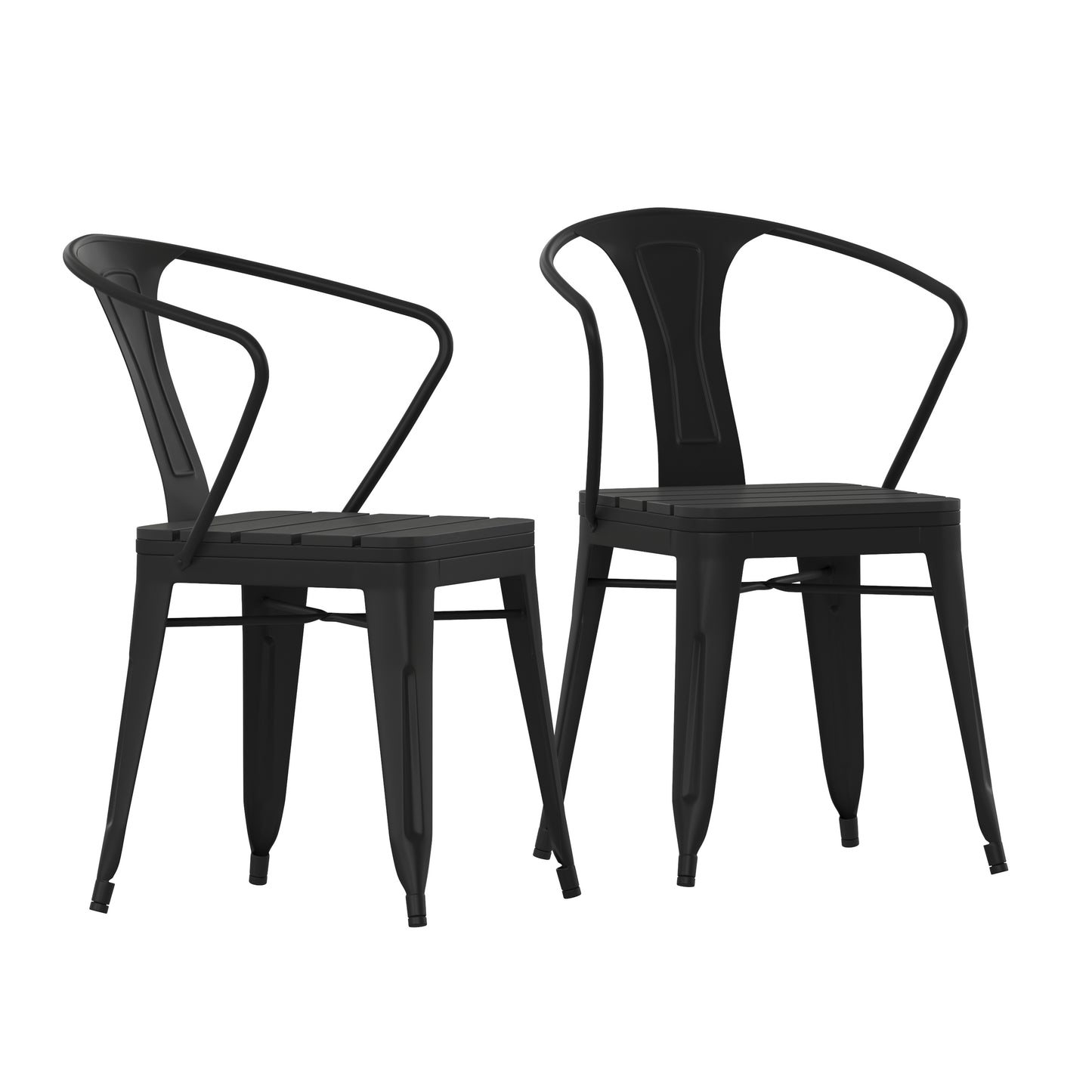 Helvey Commercial Indoor/Outdoor Black Stacking Arm Chair with Vertical Slat Back and Poly Resin Slatted Seat, Set of 2 Black