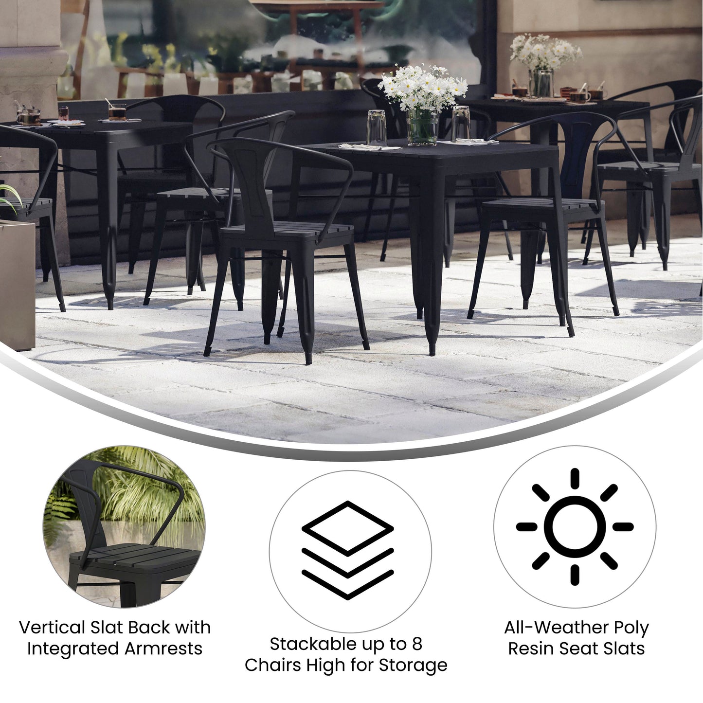 Helvey Commercial Indoor/Outdoor Black Stacking Arm Chair with Vertical Slat Back and Poly Resin Slatted Seat, Set of 2 Black