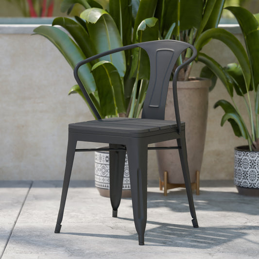 Helvey Commercial Indoor/Outdoor Black Stacking Arm Chair with Vertical Slat Back and Poly Resin Slatted Seat, Set of 2 Black