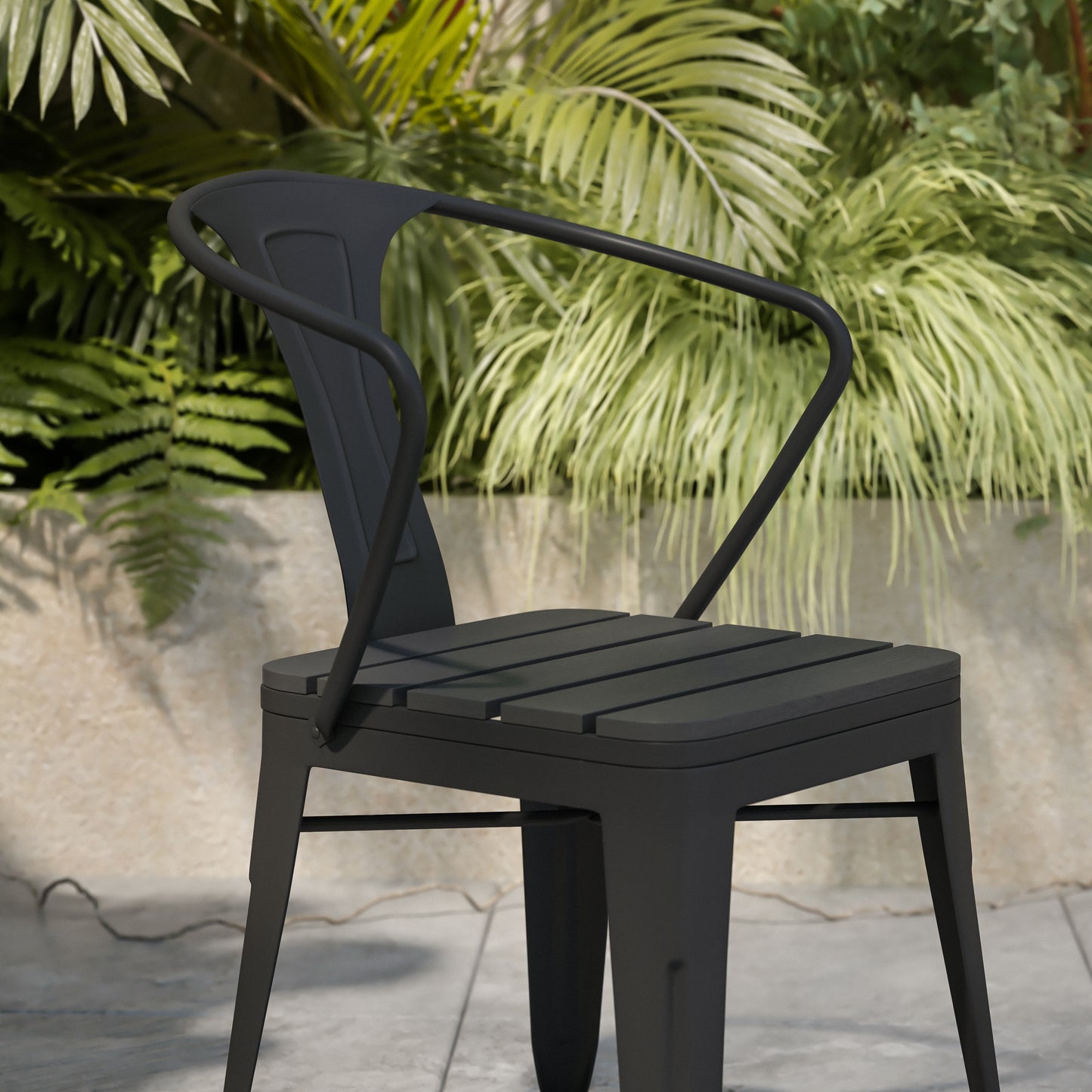 Helvey Commercial Indoor/Outdoor Black Stacking Arm Chair with Vertical Slat Back and Poly Resin Slatted Seat, Set of 2 Black