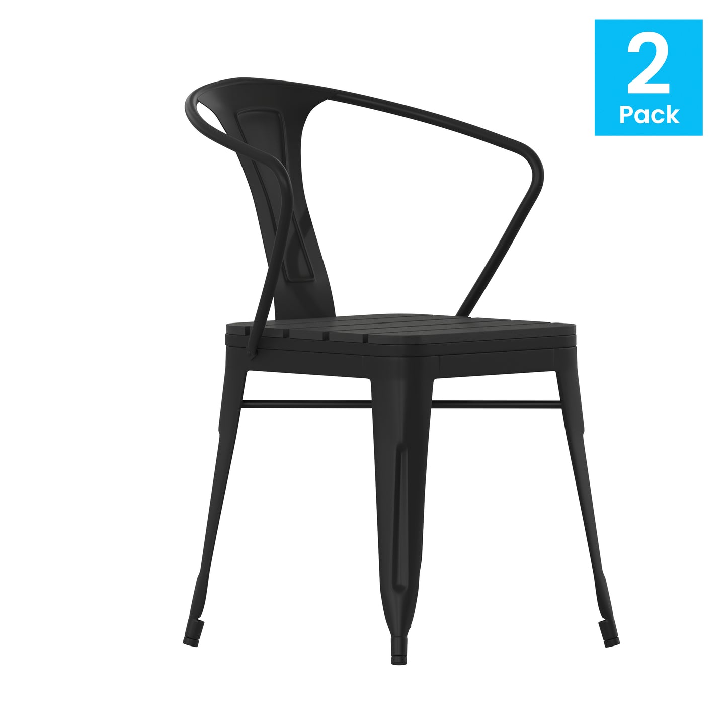 Helvey Commercial Indoor/Outdoor Black Stacking Arm Chair with Vertical Slat Back and Poly Resin Slatted Seat, Set of 2 Black