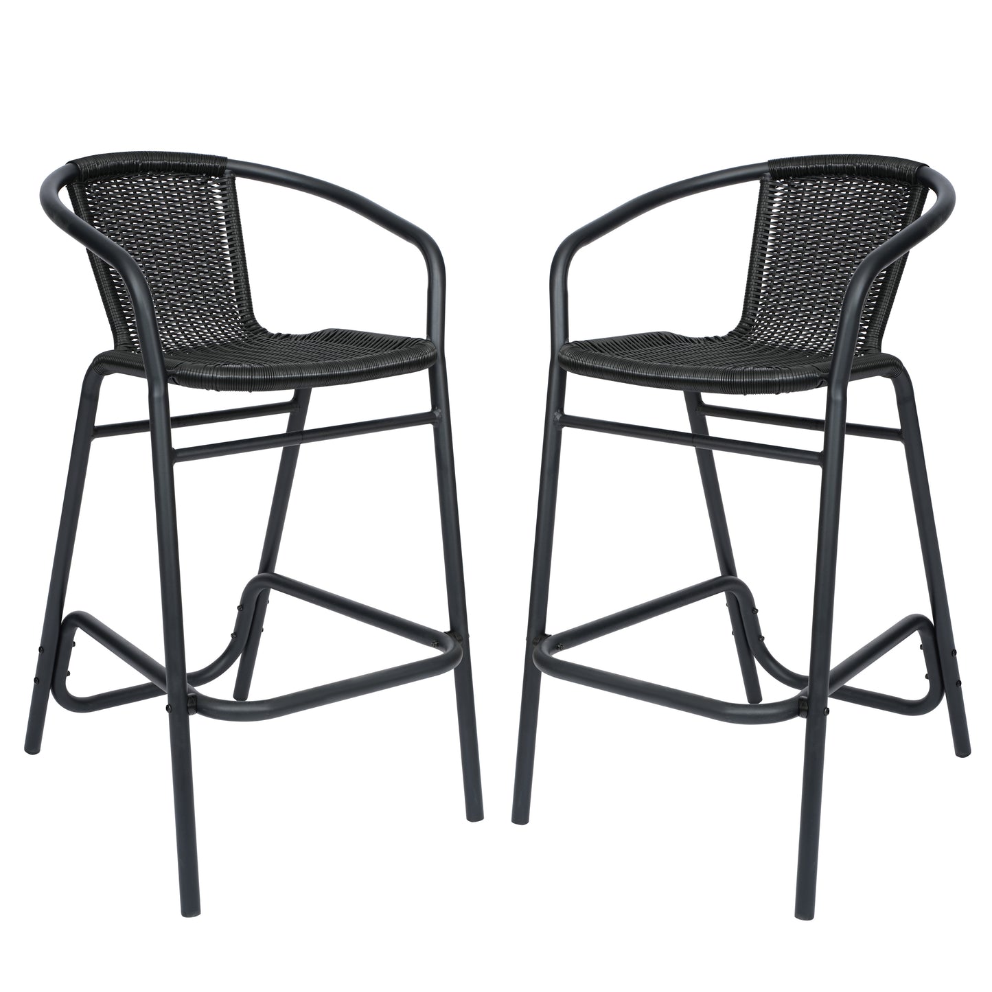 Lila Set of 2 Commercial Grade Indoor-Outdoor PE Rattan Restaurant Barstool with Black Aluminum Frame and Footrest in Black Black