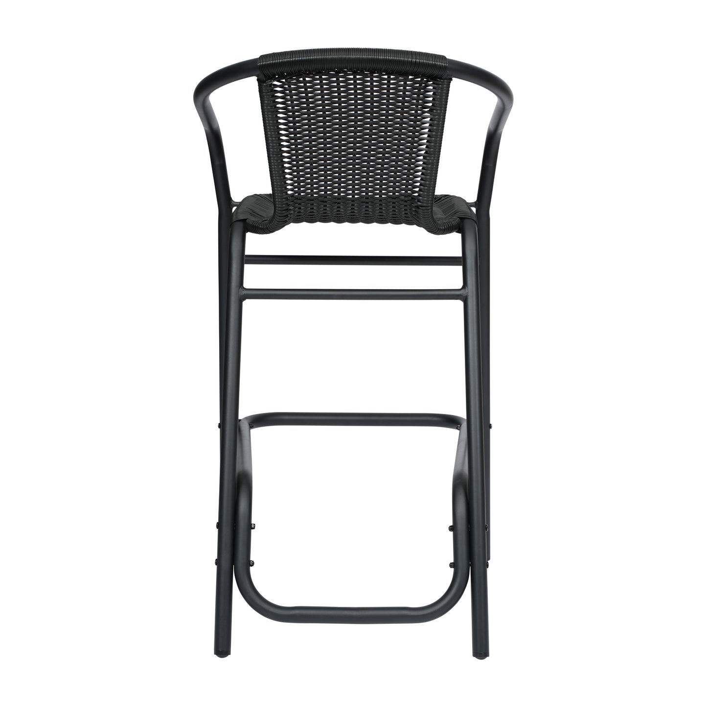 Lila Set of 2 Commercial Grade Indoor-Outdoor PE Rattan Restaurant Barstool with Black Aluminum Frame and Footrest in Black Black