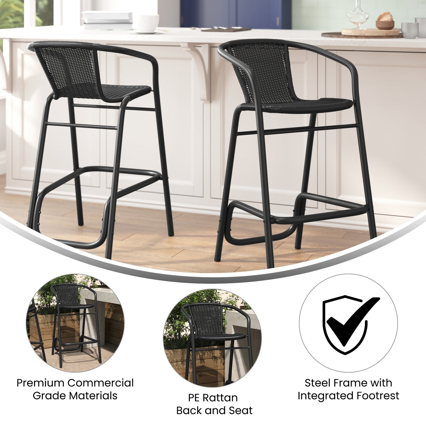 Lila Set of 2 Commercial Grade Indoor-Outdoor PE Rattan Restaurant Barstool with Black Aluminum Frame and Footrest in Black Black
