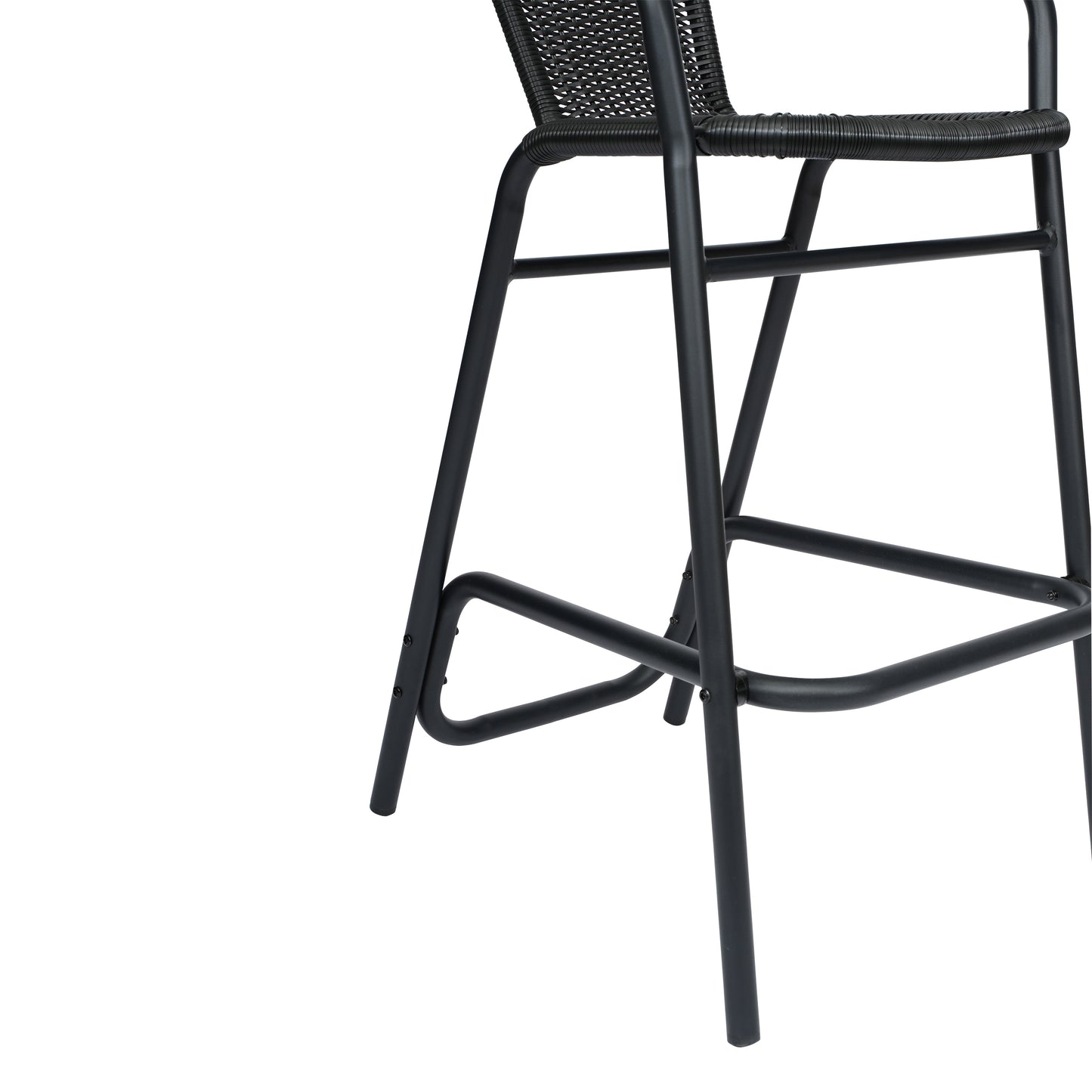 Lila Set of 2 Commercial Grade Indoor-Outdoor PE Rattan Restaurant Barstool with Black Aluminum Frame and Footrest in Black Black