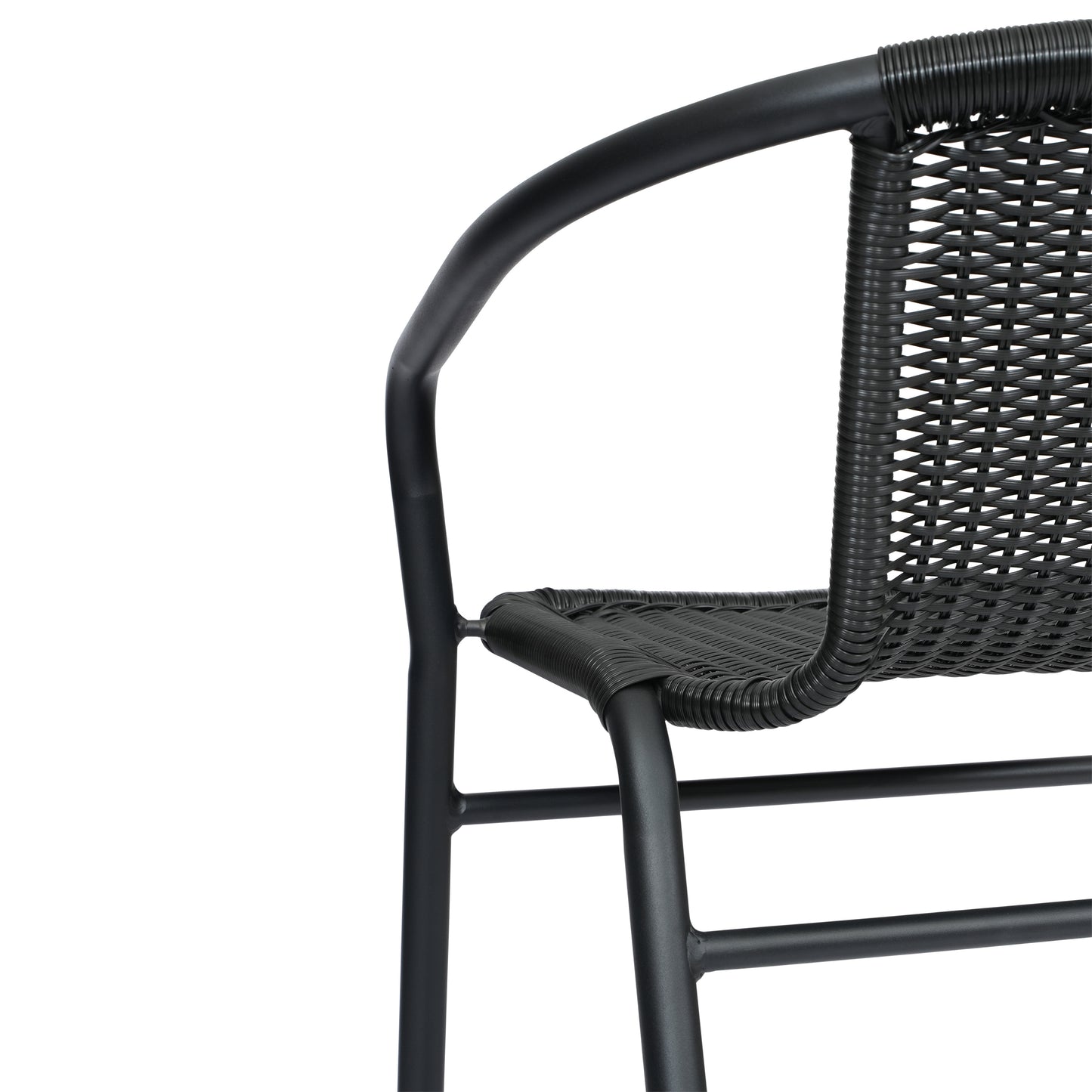 Lila Set of 2 Commercial Grade Indoor-Outdoor PE Rattan Restaurant Barstool with Black Aluminum Frame and Footrest in Black Black