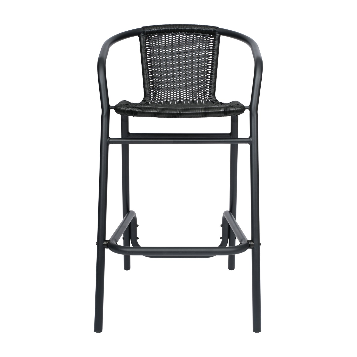 Lila Set of 2 Commercial Grade Indoor-Outdoor PE Rattan Restaurant Barstool with Black Aluminum Frame and Footrest in Black Black