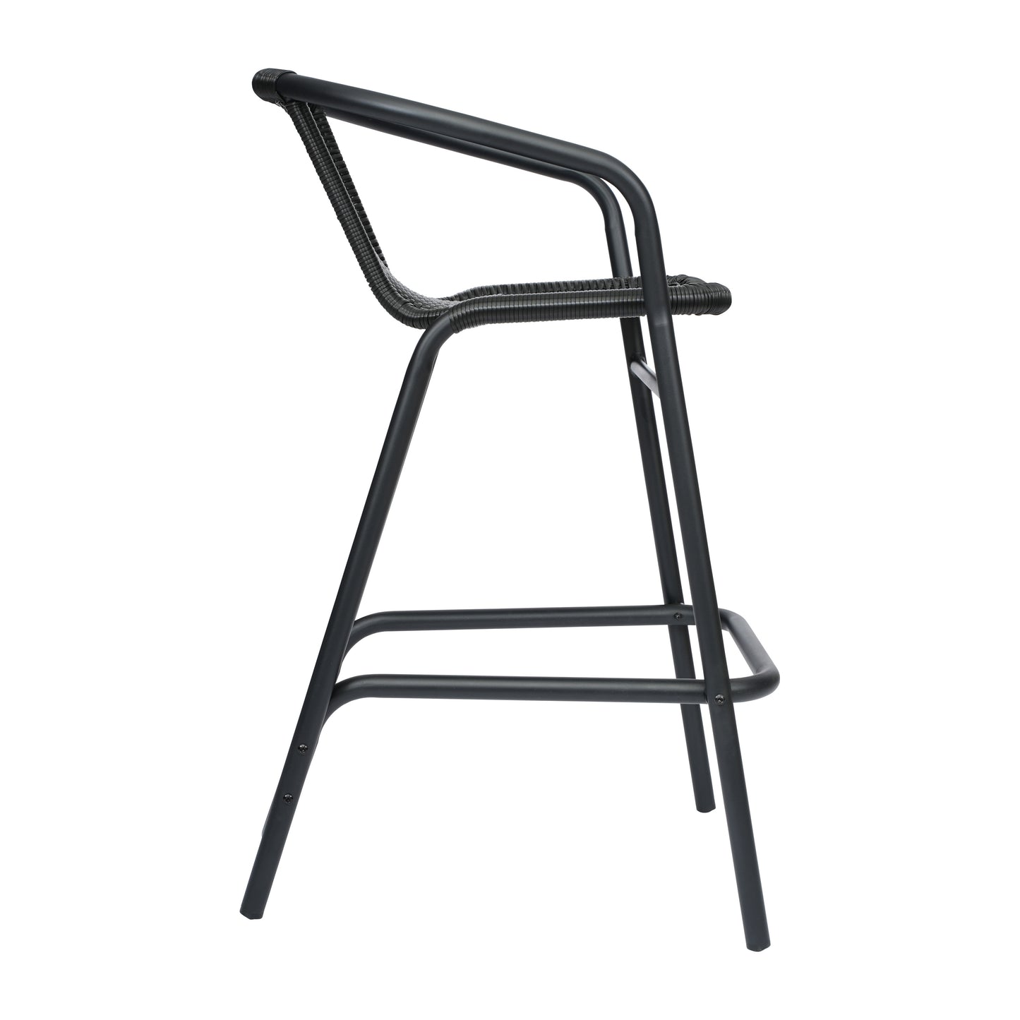 Lila Set of 2 Commercial Grade Indoor-Outdoor PE Rattan Restaurant Barstool with Black Aluminum Frame and Footrest in Black Black