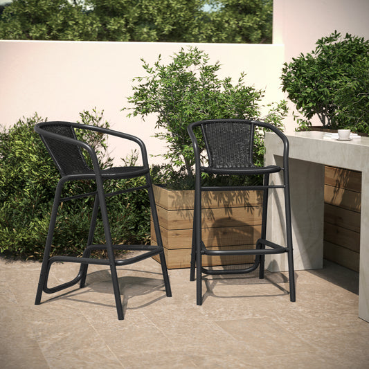 Lila Set of 2 Commercial Grade Indoor-Outdoor PE Rattan Restaurant Barstool with Black Aluminum Frame and Footrest in Black Black