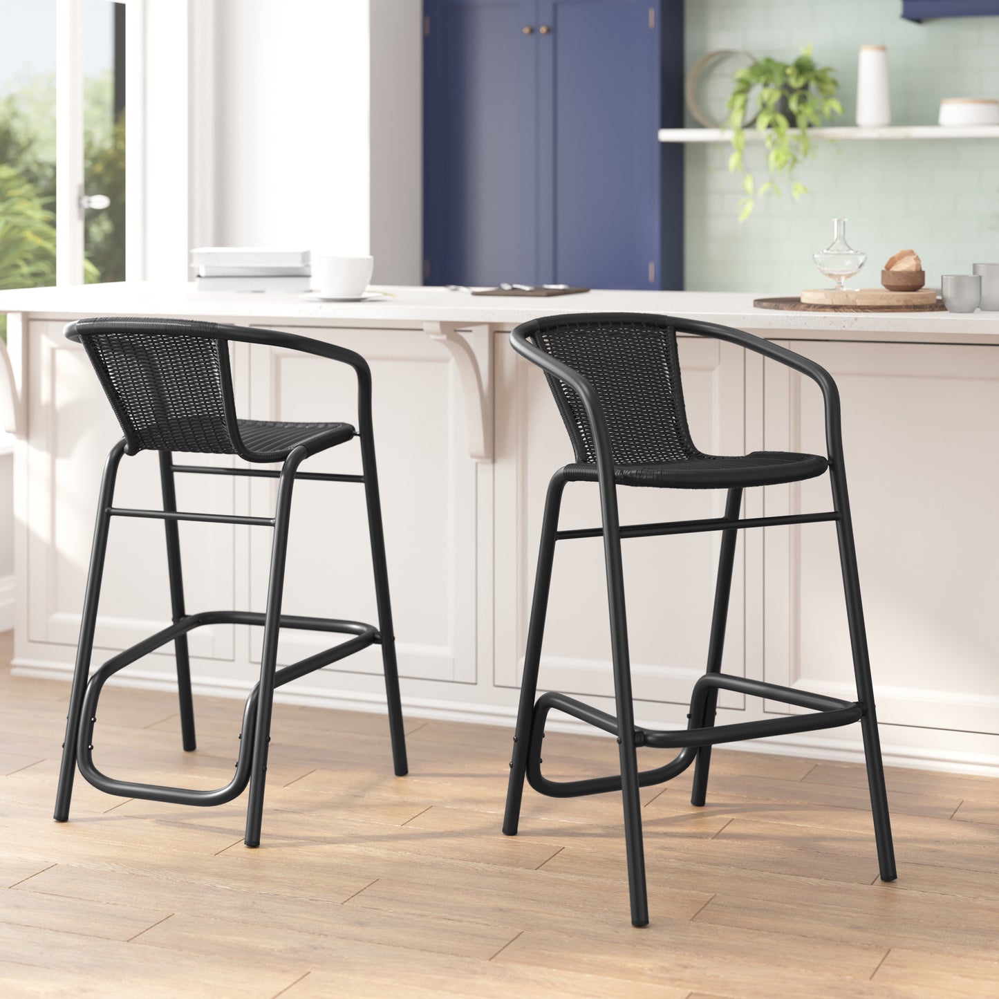 Lila Set of 2 Commercial Grade Indoor-Outdoor PE Rattan Restaurant Barstool with Black Aluminum Frame and Footrest in Black Black