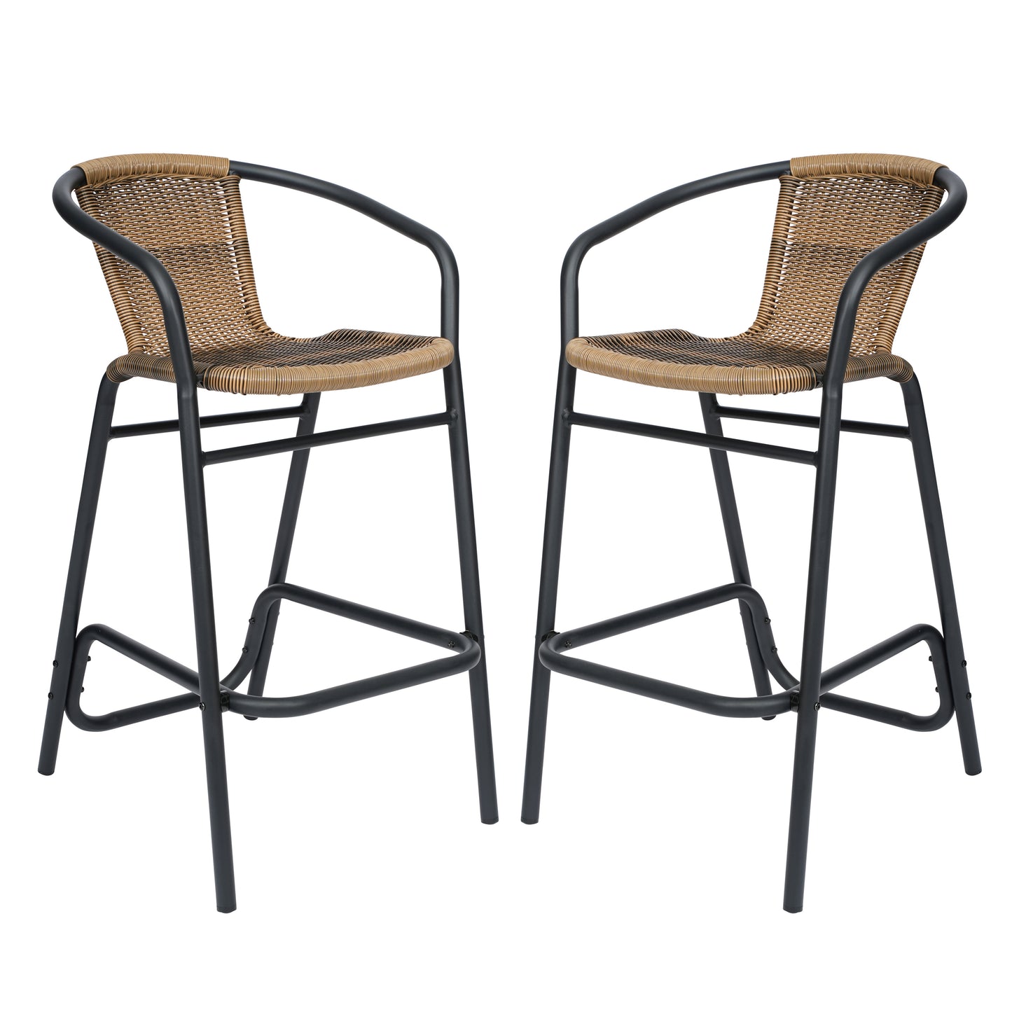 Lila Set of 2 Commercial Grade Indoor-Outdoor PE Rattan Restaurant Barstool with Black Aluminum Frame and Footrest in Medium Brown Medium Brown