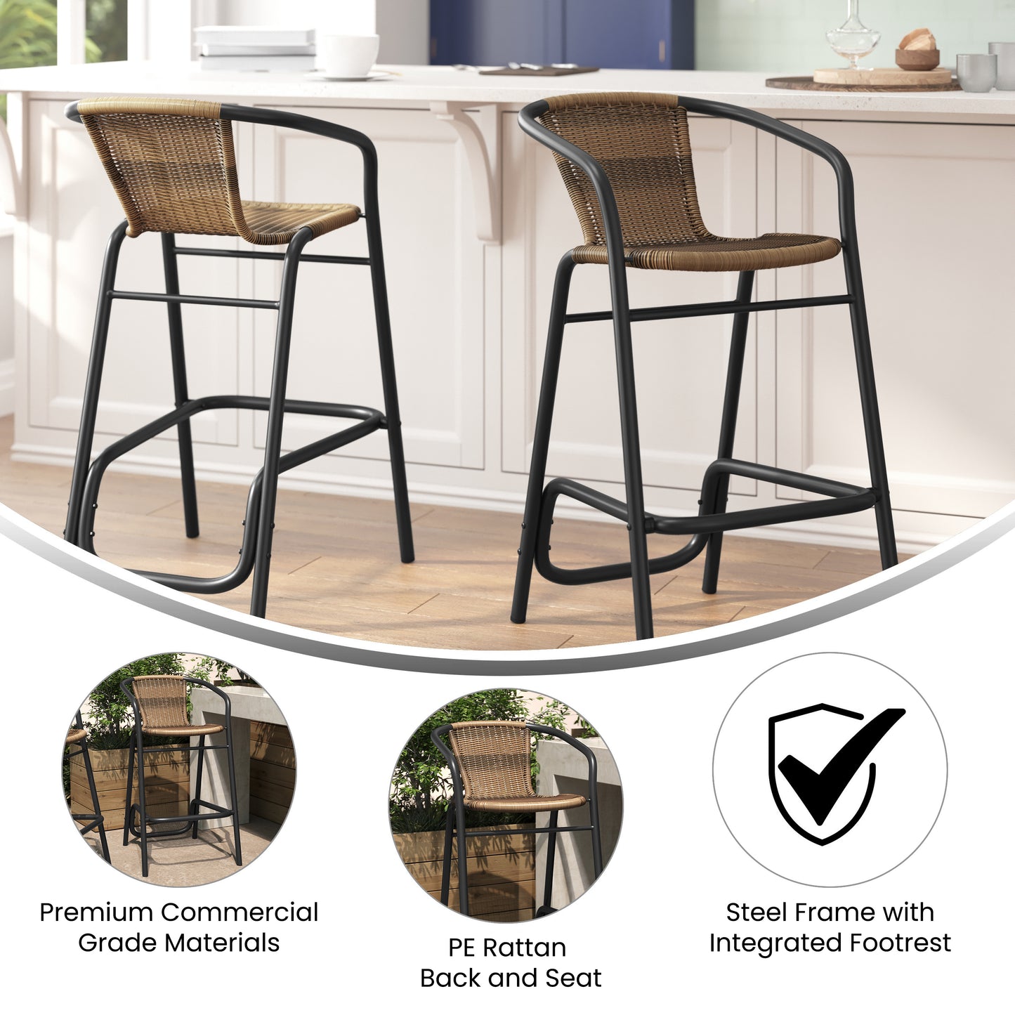 Lila Set of 2 Commercial Grade Indoor-Outdoor PE Rattan Restaurant Barstool with Black Aluminum Frame and Footrest in Medium Brown Medium Brown