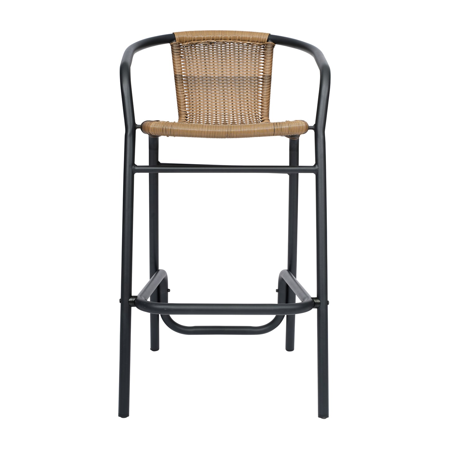Lila Set of 2 Commercial Grade Indoor-Outdoor PE Rattan Restaurant Barstool with Black Aluminum Frame and Footrest in Medium Brown Medium Brown