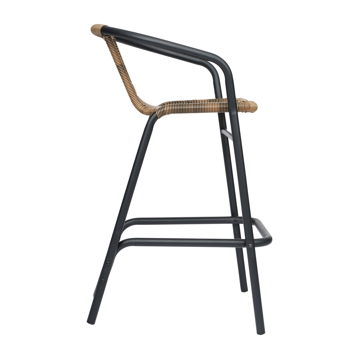 Lila Set of 2 Commercial Grade Indoor-Outdoor PE Rattan Restaurant Barstool with Black Aluminum Frame and Footrest in Medium Brown Medium Brown