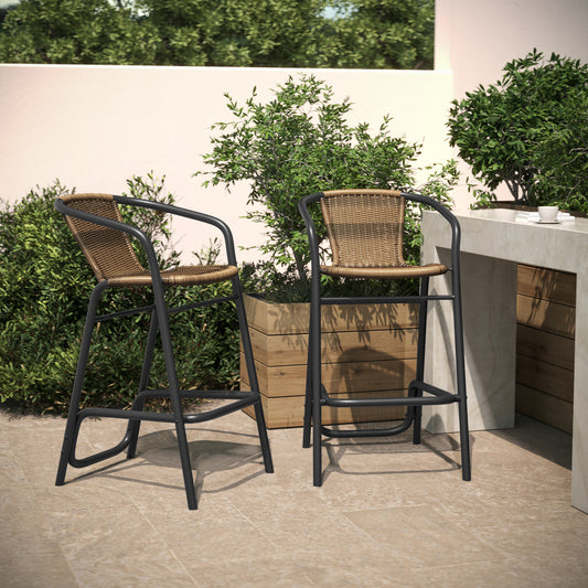 Lila Set of 2 Commercial Grade Indoor-Outdoor PE Rattan Restaurant Barstool with Black Aluminum Frame and Footrest in Medium Brown Medium Brown