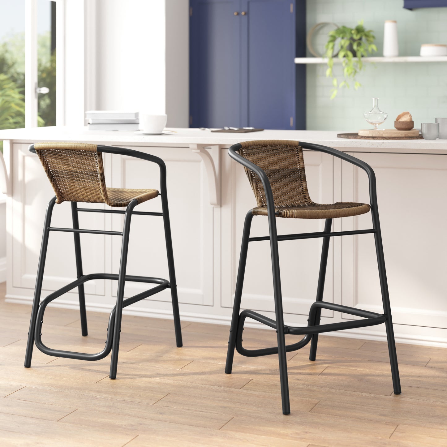 Lila Set of 2 Commercial Grade Indoor-Outdoor PE Rattan Restaurant Barstool with Black Aluminum Frame and Footrest in Medium Brown Medium Brown