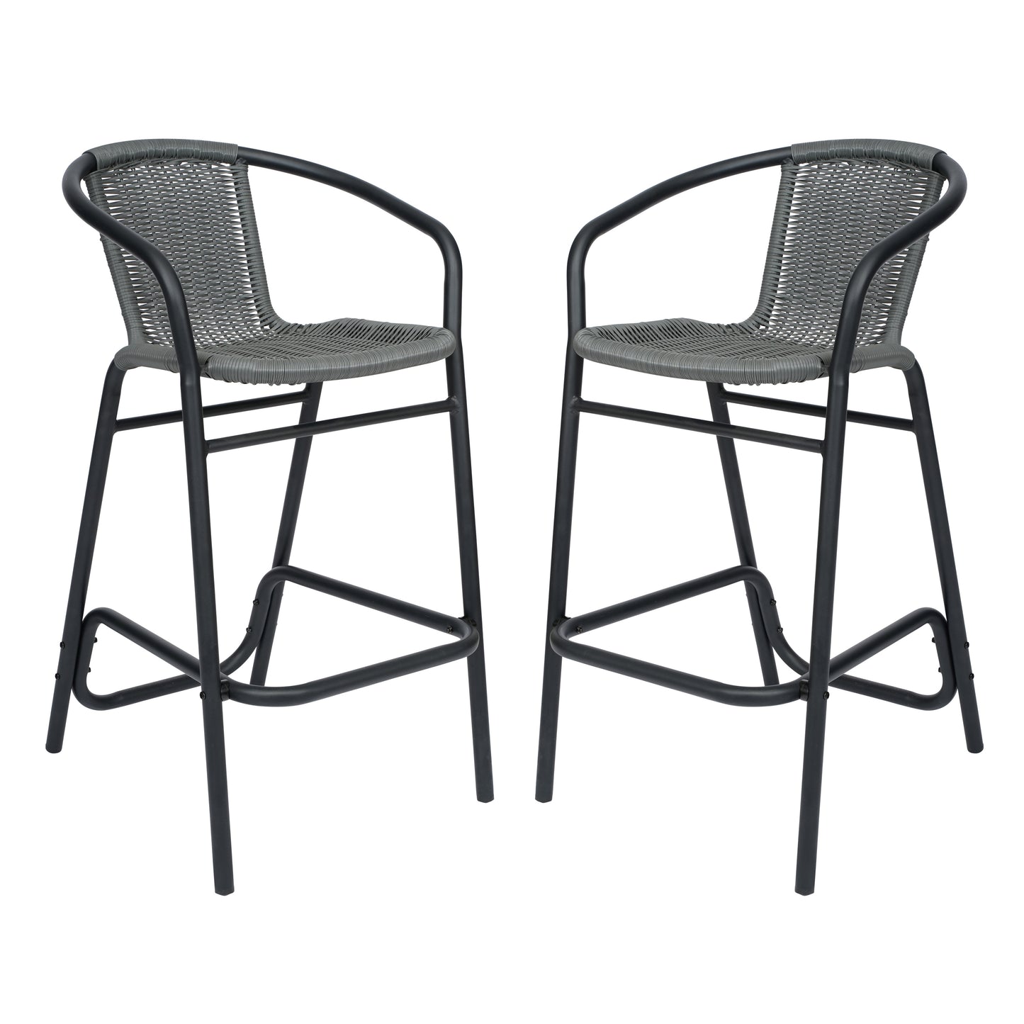 Lila Set of 2 Commercial Grade Indoor-Outdoor PE Rattan Restaurant Barstool with Black Aluminum Frame and Footrest in Gray Gray