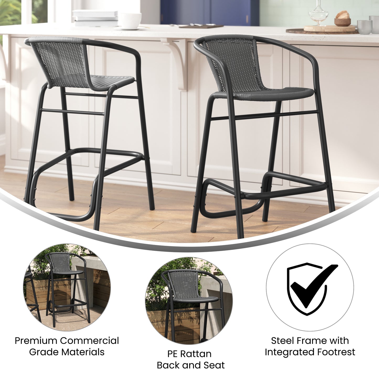 Lila Set of 2 Commercial Grade Indoor-Outdoor PE Rattan Restaurant Barstool with Black Aluminum Frame and Footrest in Gray Gray