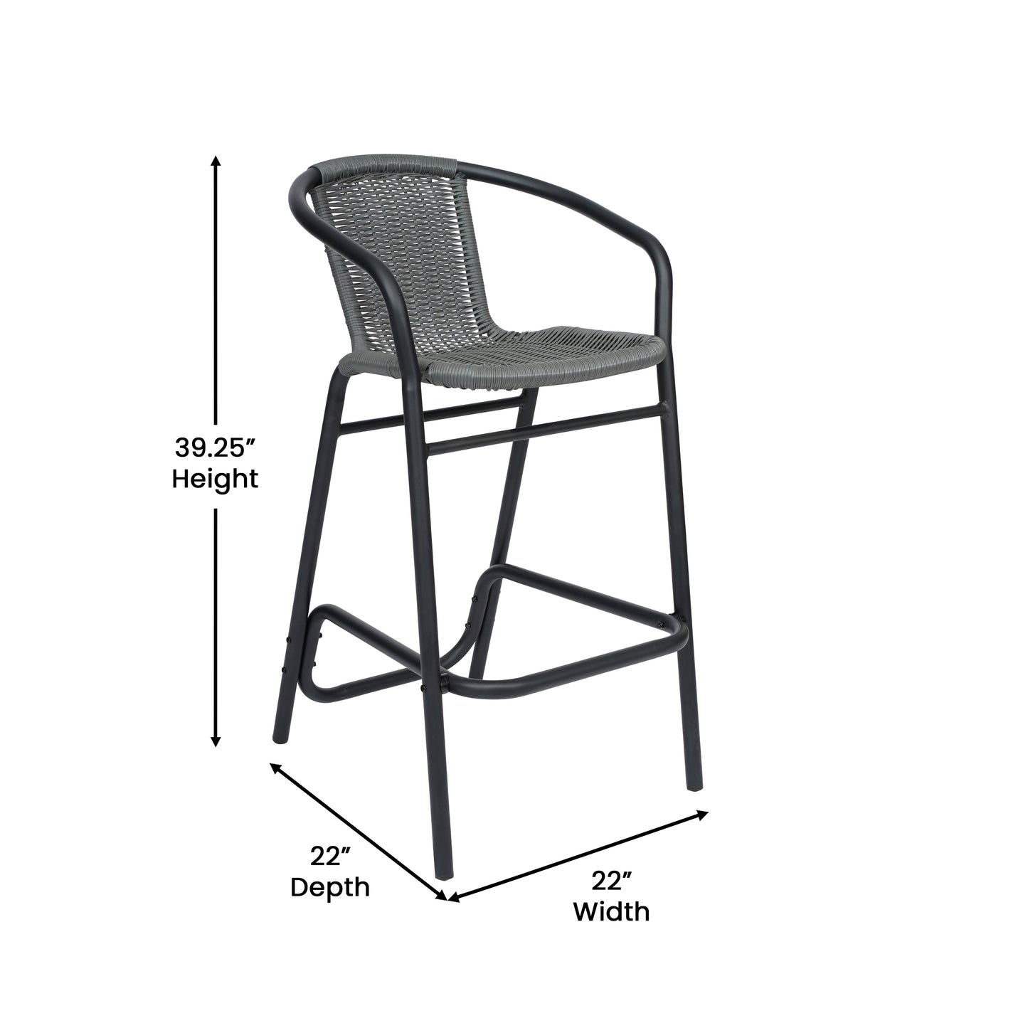 Lila Set of 2 Commercial Grade Indoor-Outdoor PE Rattan Restaurant Barstool with Black Aluminum Frame and Footrest in Gray Gray