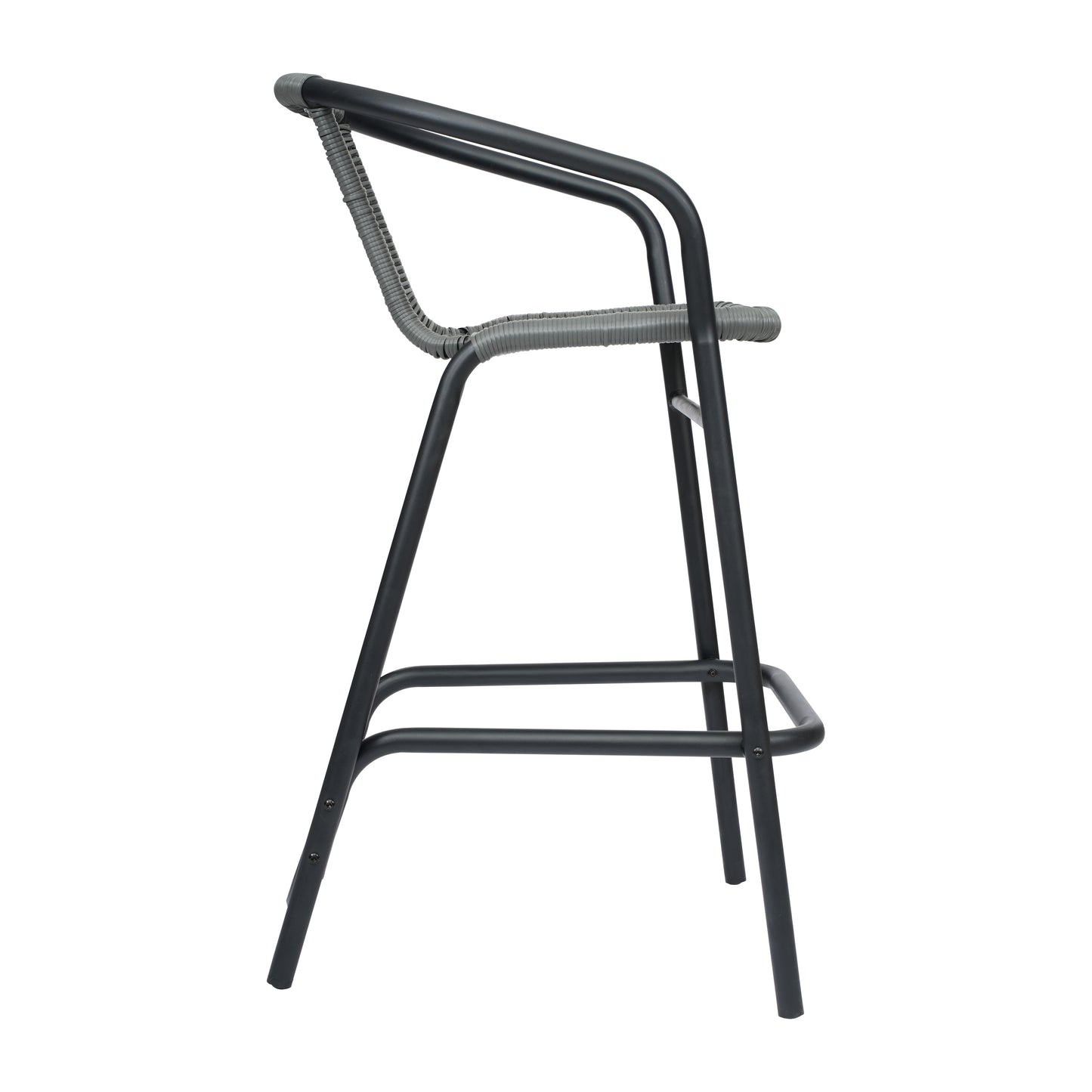 Lila Set of 2 Commercial Grade Indoor-Outdoor PE Rattan Restaurant Barstool with Black Aluminum Frame and Footrest in Gray Gray