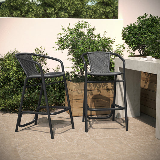 Lila Set of 2 Commercial Grade Indoor-Outdoor PE Rattan Restaurant Barstool with Black Aluminum Frame and Footrest in Gray Gray