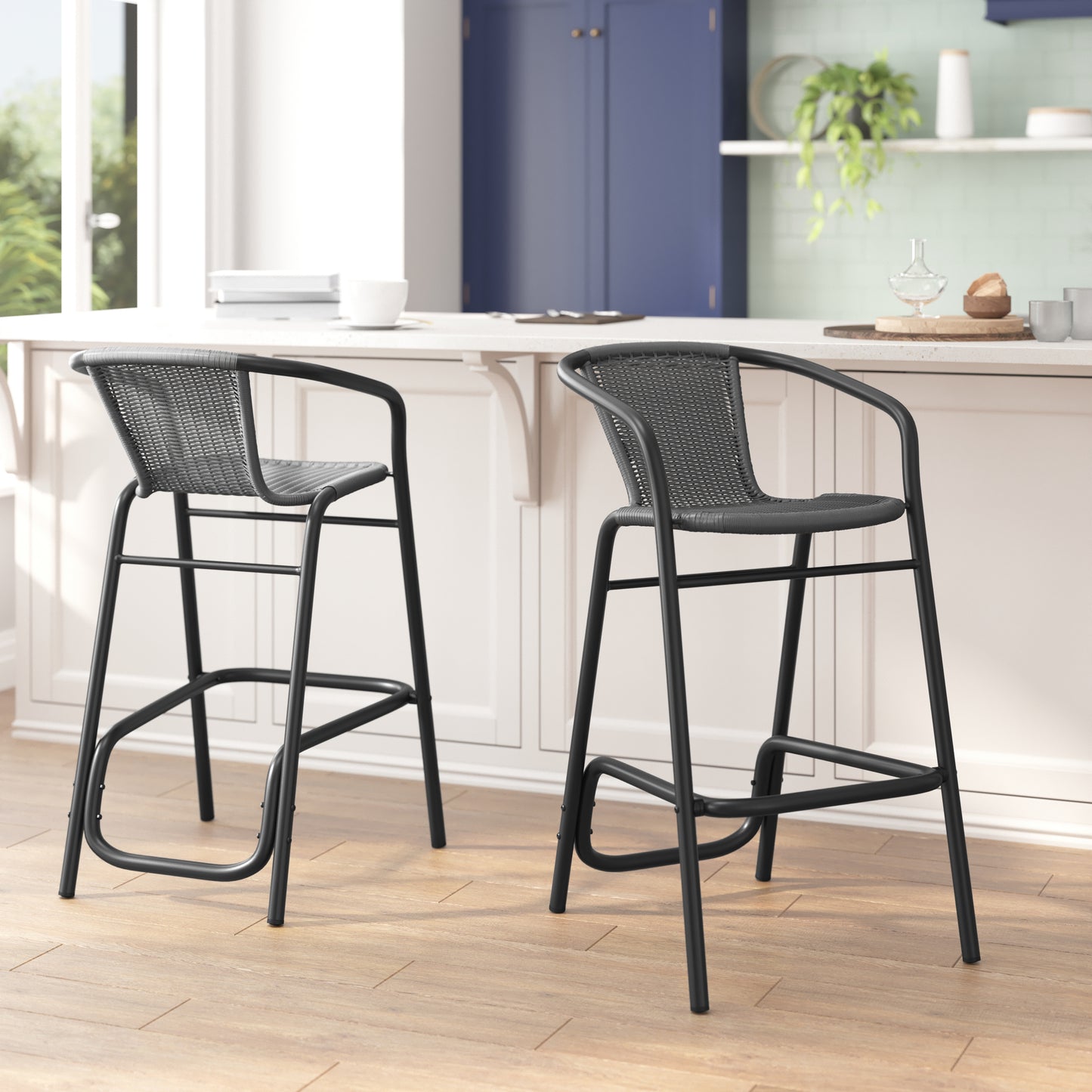 Lila Set of 2 Commercial Grade Indoor-Outdoor PE Rattan Restaurant Barstool with Black Aluminum Frame and Footrest in Gray Gray