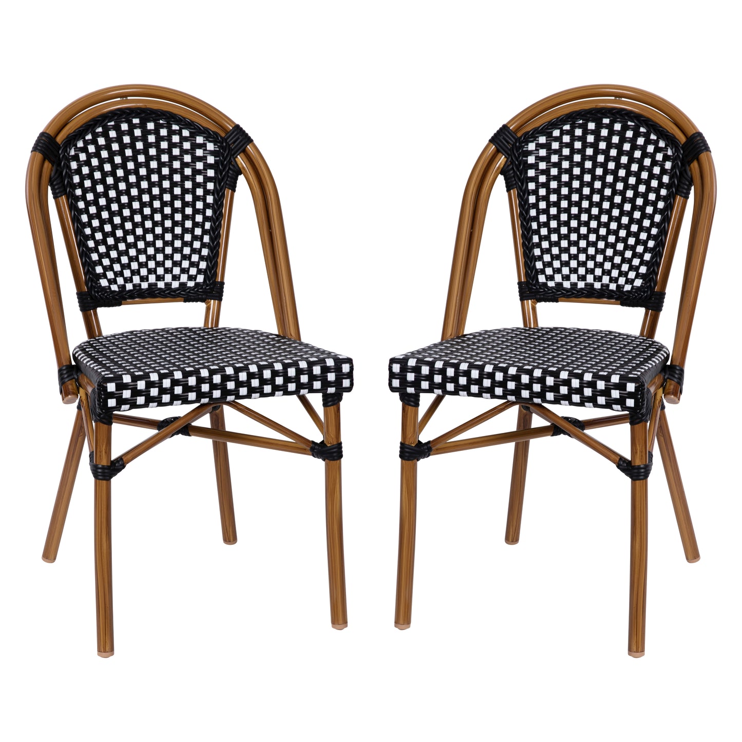 Bordeaux Set of 2 Indoor/Outdoor Commercial Bistro Stacking Chairs, Black/White PE Rattan Back and Seat, Bamboo Print Aluminum Frame in Natural Black & White/Natural Frame